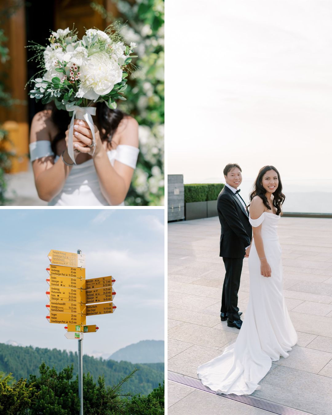 A bride holding a bouquet, a yellow signpost with directions, and a bride and groom standing together outdoors in formal attire.