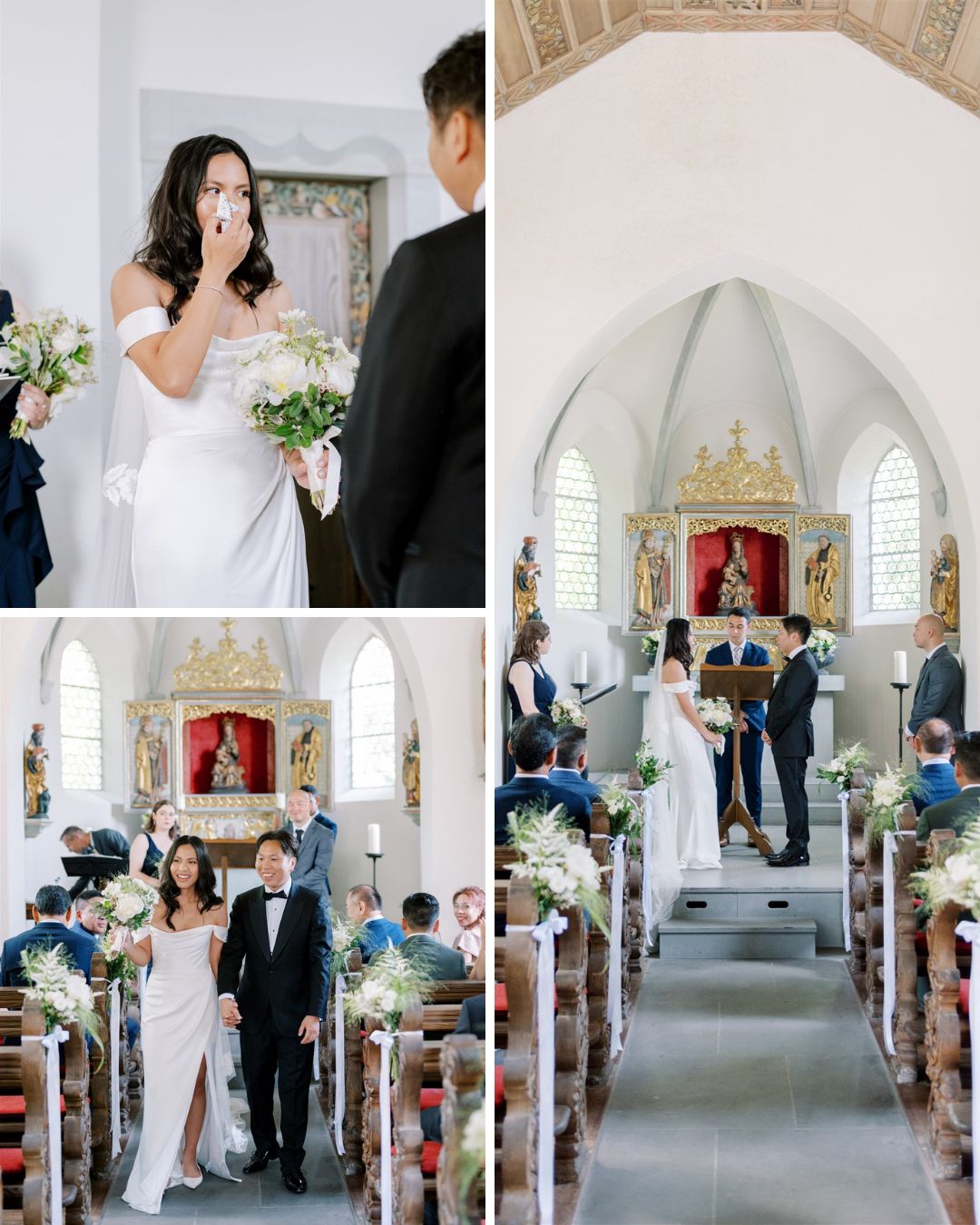 A bride and groom stand at the altar during a wedding ceremony in a small church, with guests seated in pews and floral decorations along the aisle.