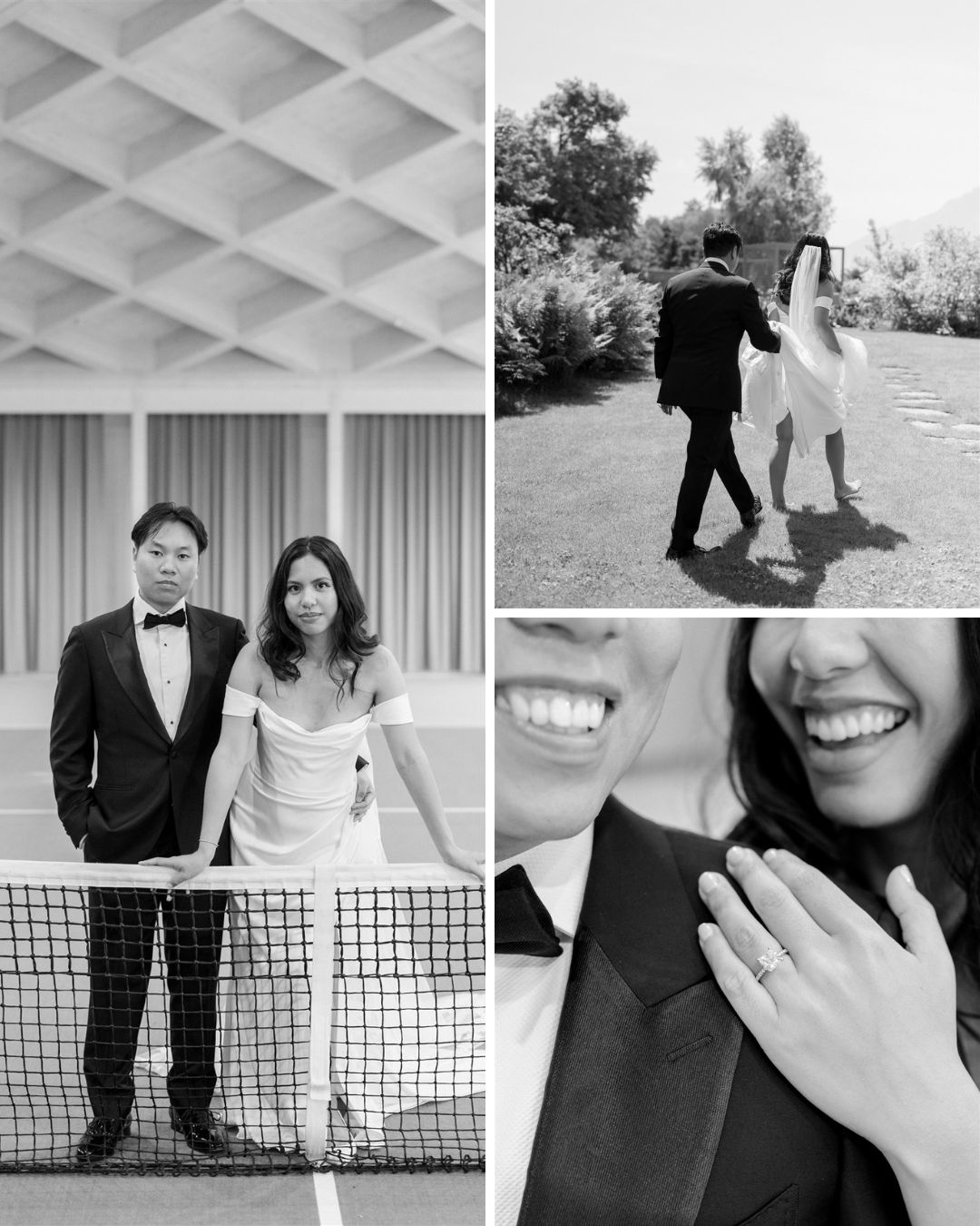 A couple dressed formally poses on a tennis court, walks outdoors, and smiles in a close-up showing an engagement ring.