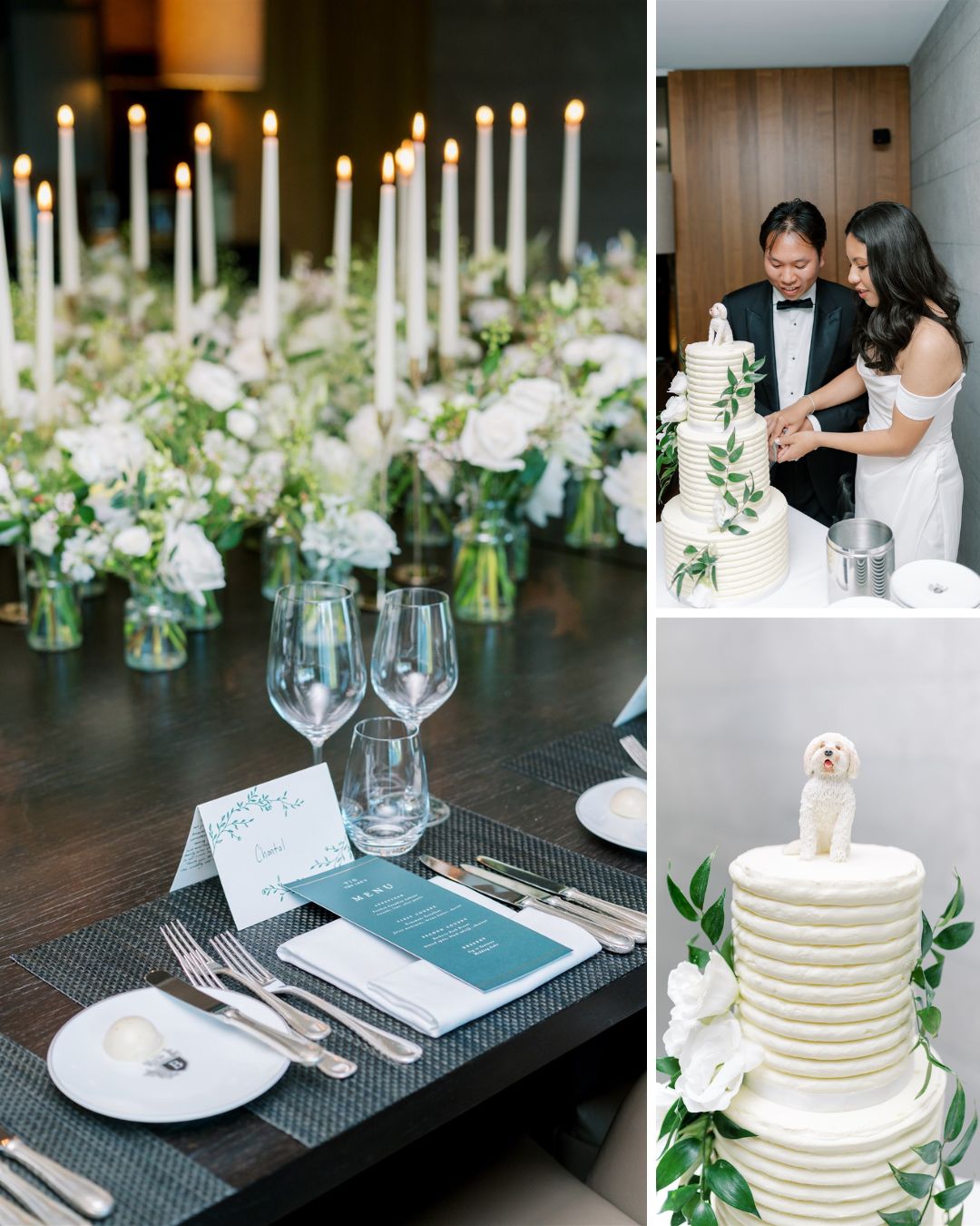 Elegant wedding scene featuring a candlelit table setting, a couple cutting a white tiered cake, and a close-up of the cake topped with a small dog figurine.