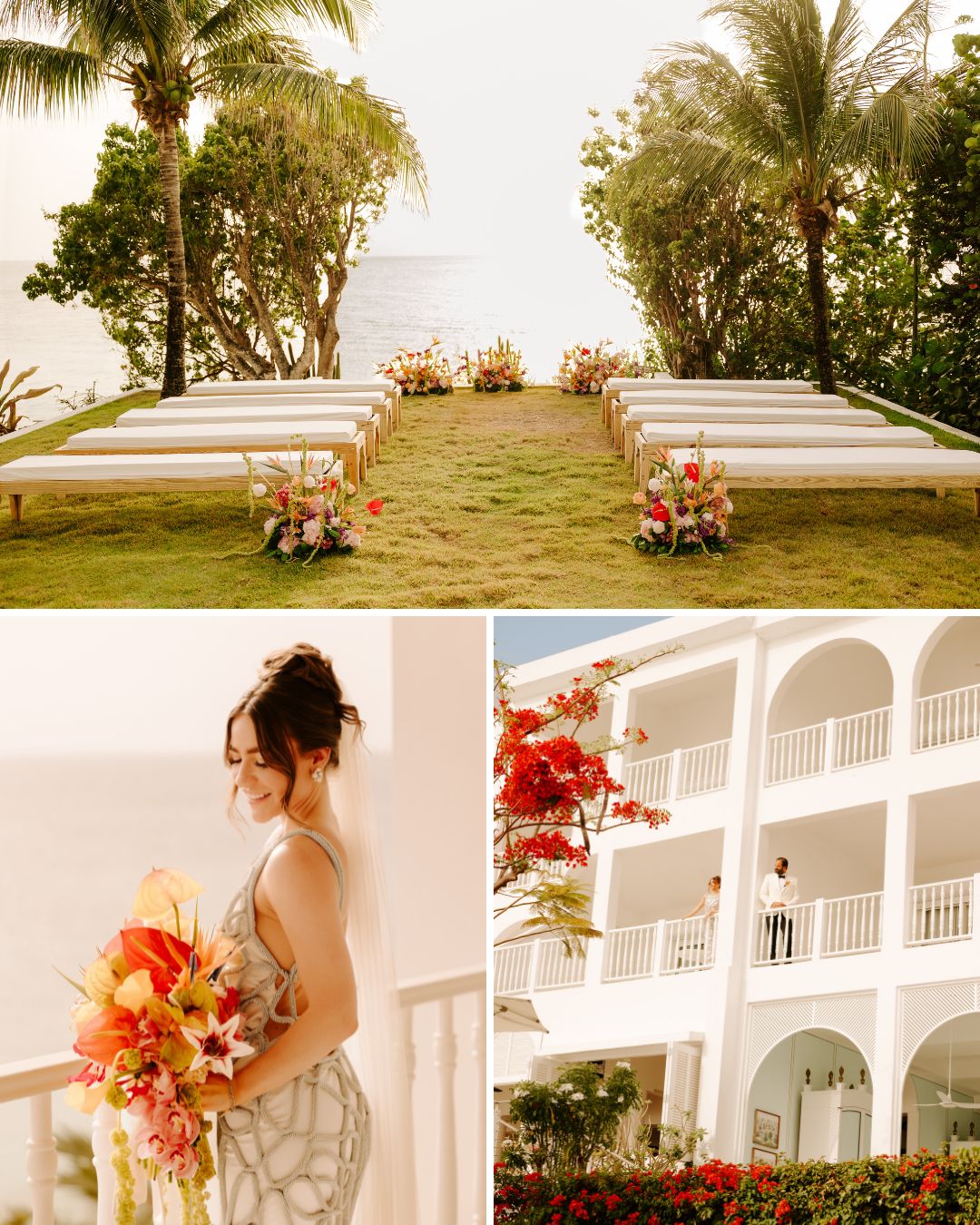 A tropical outdoor wedding setup, a woman holding a colorful bouquet, and a white building with arches and balconies decorated with flowers.