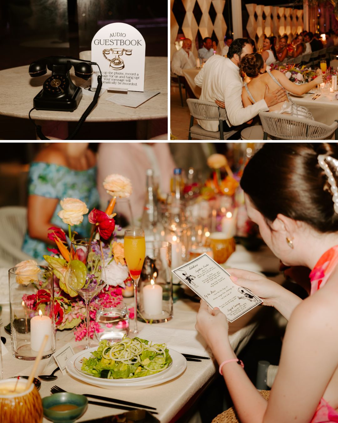 Three wedding scenes: a retro phone guestbook, guests dining at a decorated table, and a woman reading a menu beside a plate of salad and floral centerpiece.