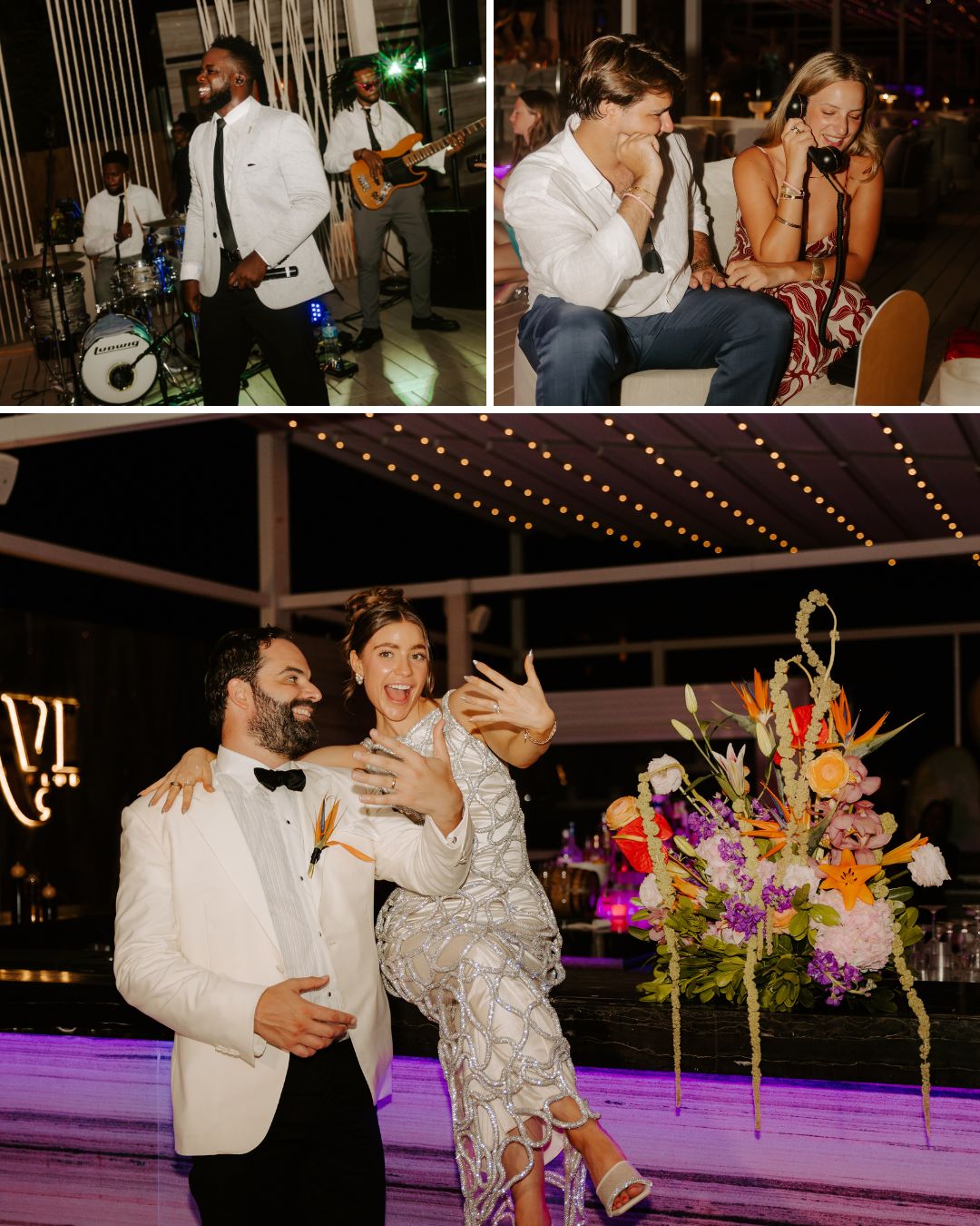 Three photos: a band performing, a seated couple talking and laughing, and a dressed-up couple posing playfully near colorful flowers and lights at an outdoor evening event.