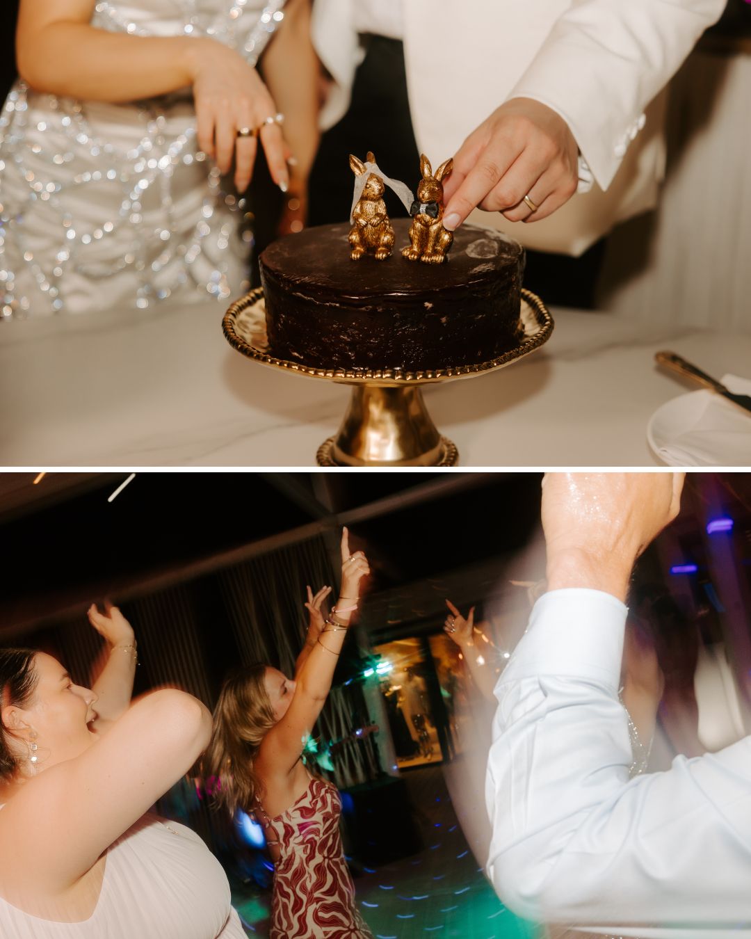 Two people cut a chocolate cake with gold toppers; below, three people dance with raised arms at a party.