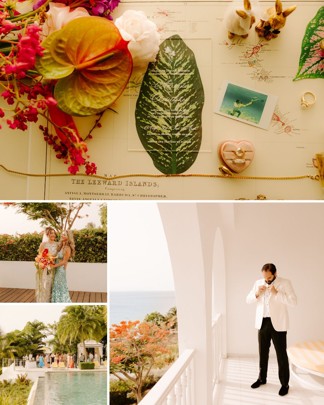 A collage shows wedding details, a tropical bouquet, rings, a bride and groom, a pool, and a groom adjusting his jacket on a balcony.