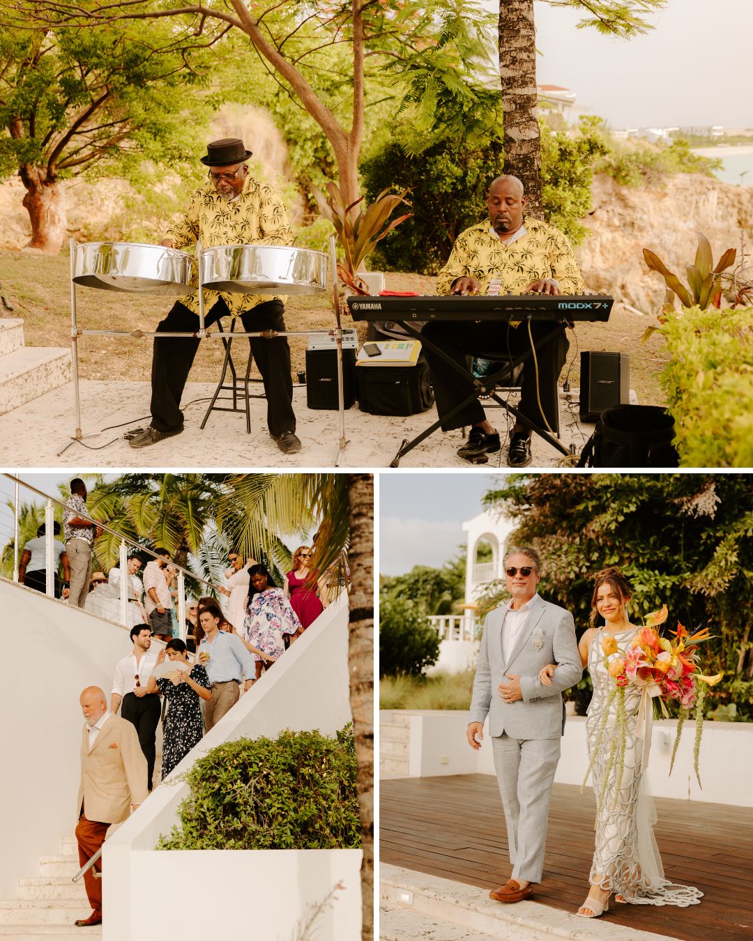 A two-person band performs outdoors; guests walk down stairs; a man in a light suit escorts a woman holding a bouquet along a path, all in a tropical setting.