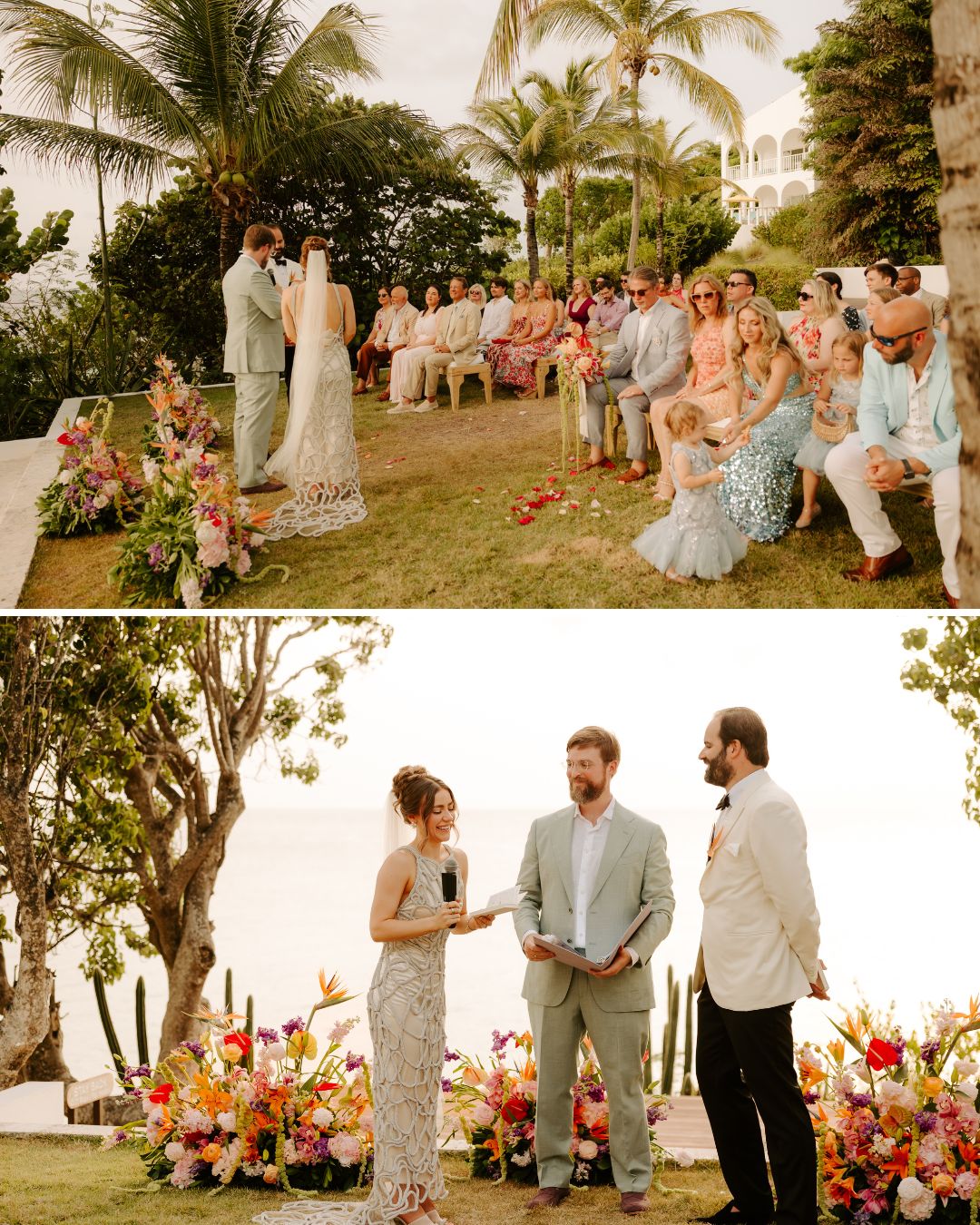 A small outdoor wedding ceremony with guests seated on grass; floral arrangements surround the couple and officiant under palm trees by the water.