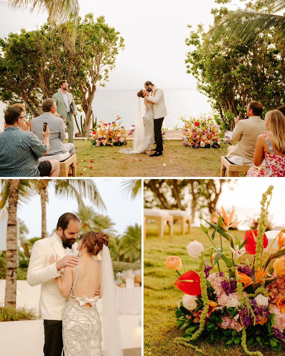 A couple gets married outdoors by the water, surrounded by flowers and guests. The bride and groom kiss, with close-ups of floral arrangements and the couple embracing.