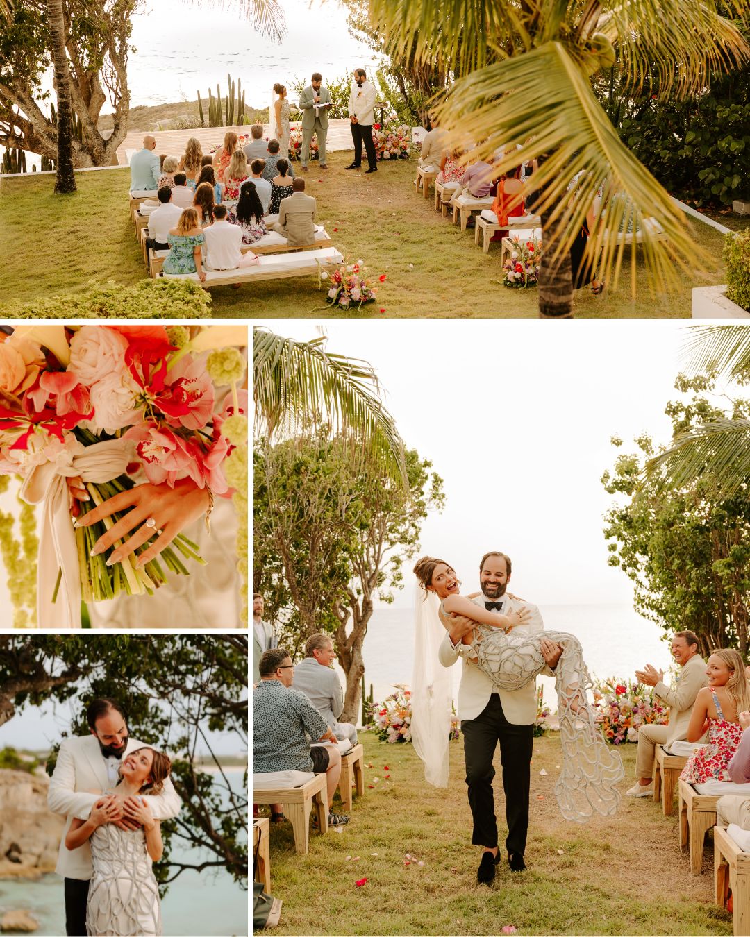 Outdoor wedding with guests seated on a lawn, bride and groom celebrating, floral bouquet, and groom carrying bride down the aisle.