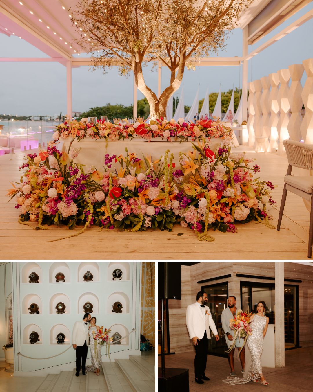 A large floral arrangement surrounds a tree centerpiece on a decorated platform; below, people speak at a podium and a couple enters a venue.