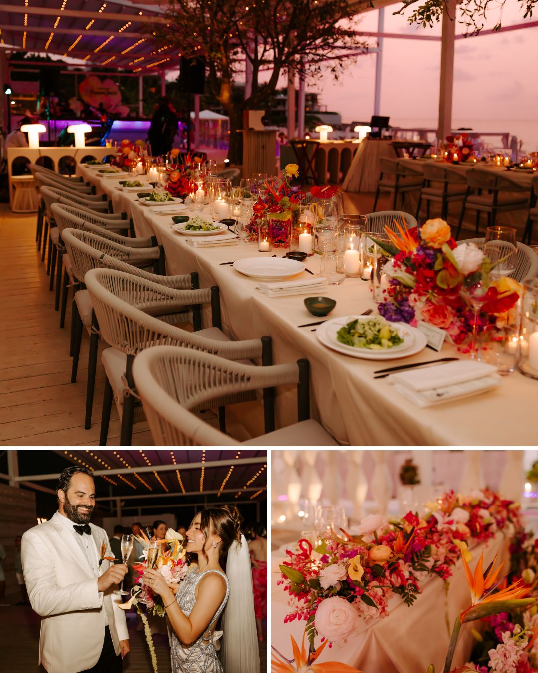 Elegant outdoor wedding reception with long table set with flowers and candles; couple in formal attire toasting; close-up of colorful floral centerpieces.