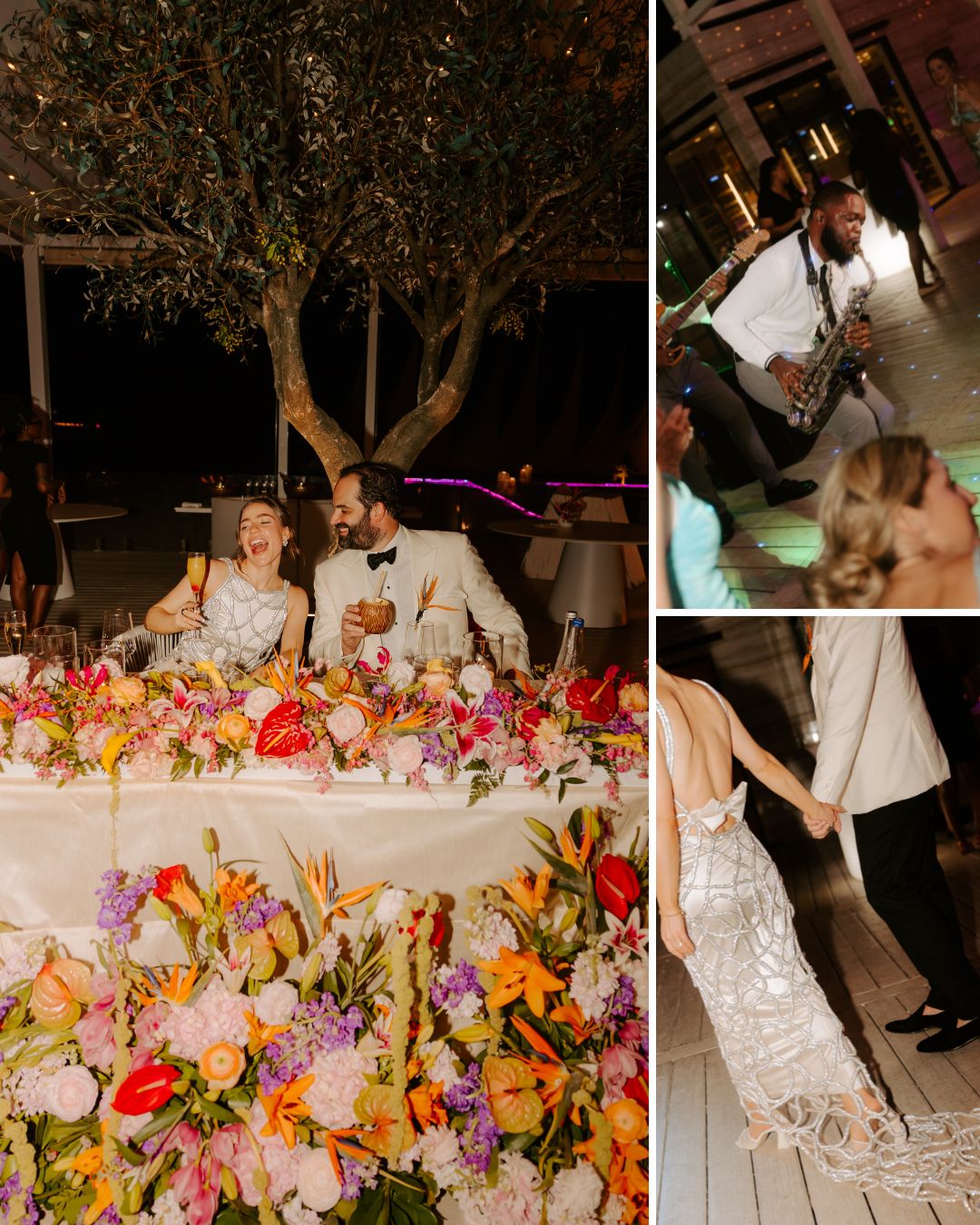 A bride and groom sit at a flower-covered table, a saxophonist plays, and the couple holds hands walking, shown in a collage of three wedding moments.