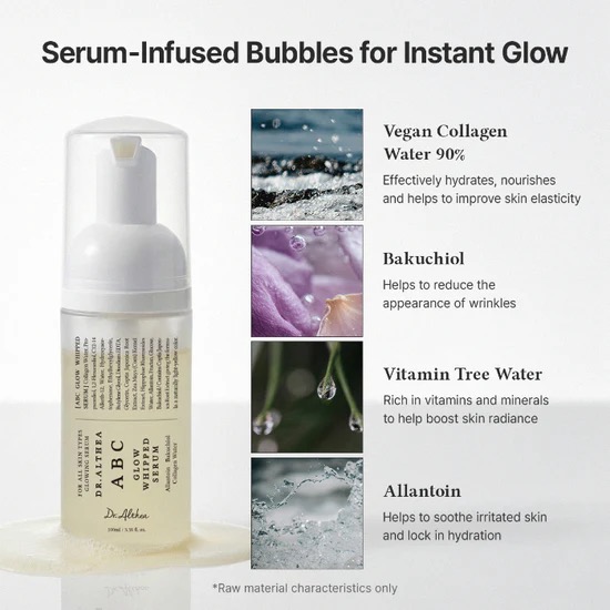 A bottle of serum with a pump dispenser is shown next to text highlighting its ingredients: vegan collagen water, bakuchiol, vitamin tree water, and allantoin.