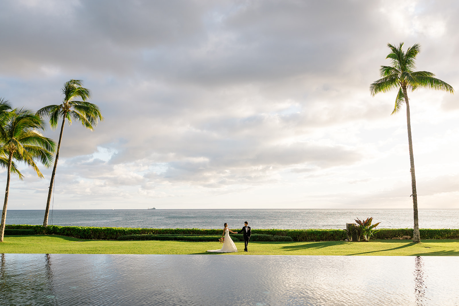 A bride and groom stand on a grassy lawn by the ocean, framed by palm trees, with a cloudy sky and water in the foreground.