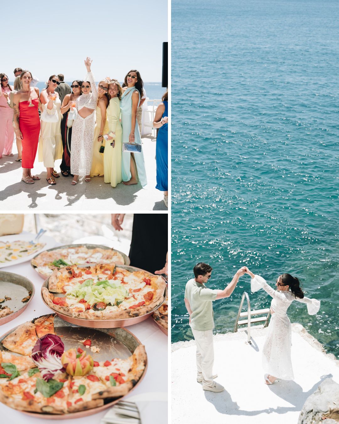 A collage shows a group of people posing outdoors, a couple dancing by the sea, and a table with dishes of food including pizza.