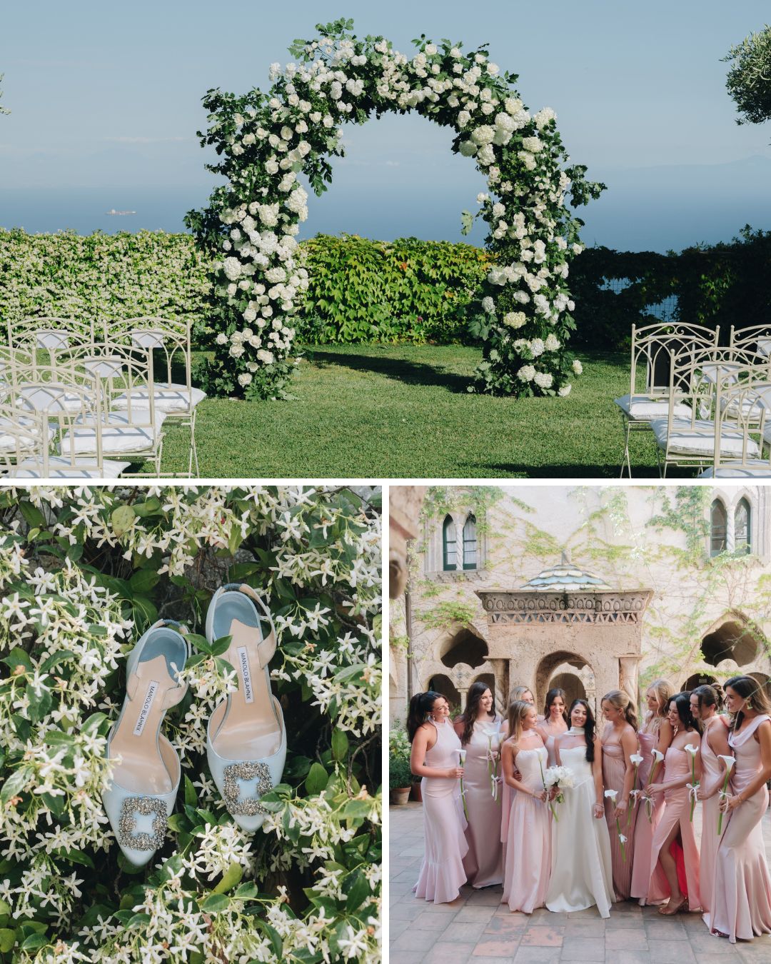 A floral wedding arch on a lawn, a pair of sandals on white flowers, and a group of bridesmaids in light dresses standing together.