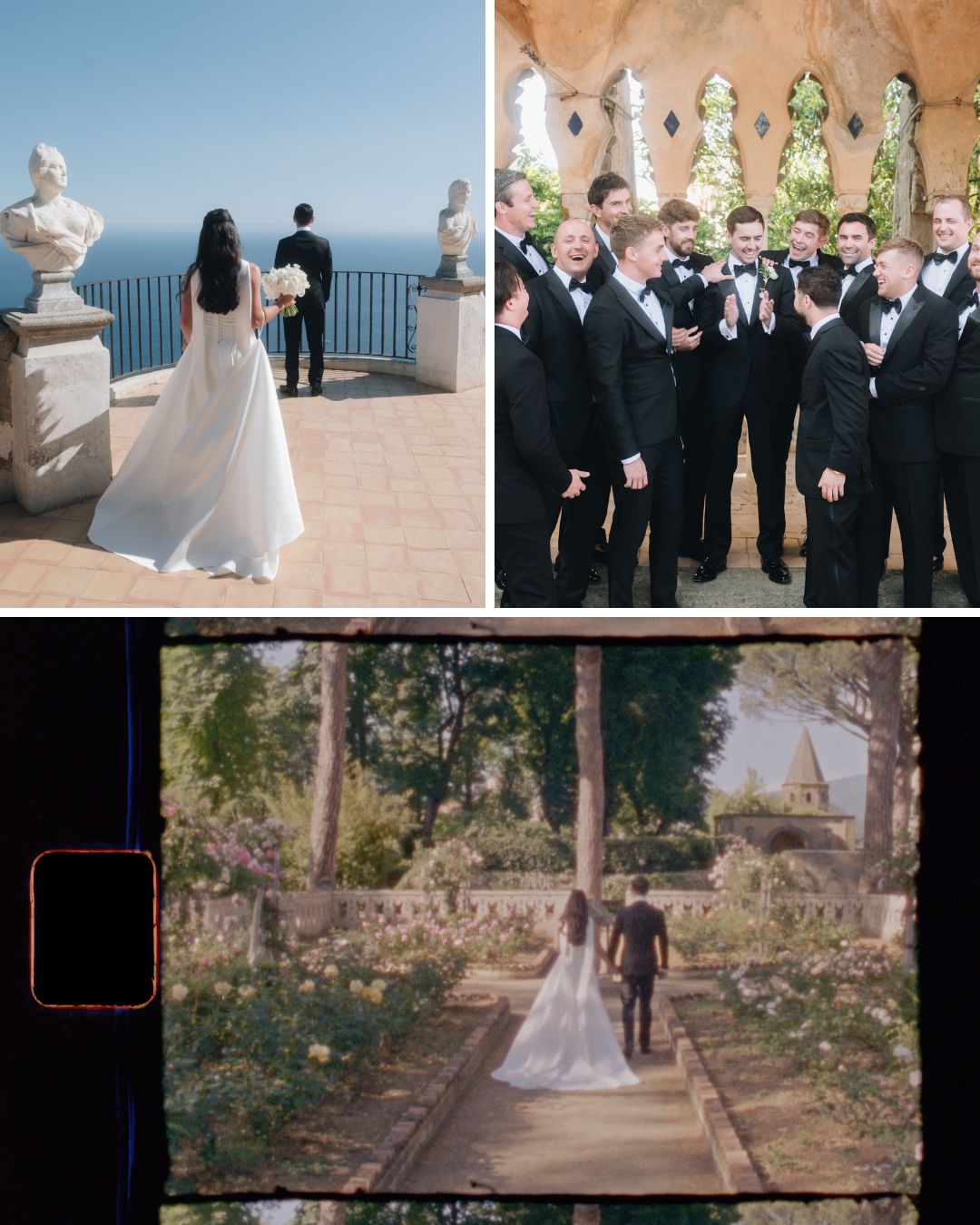 A bride in a white dress walks toward a groom on a terrace, a group of men in tuxedos poses together, and a couple walks in a garden.