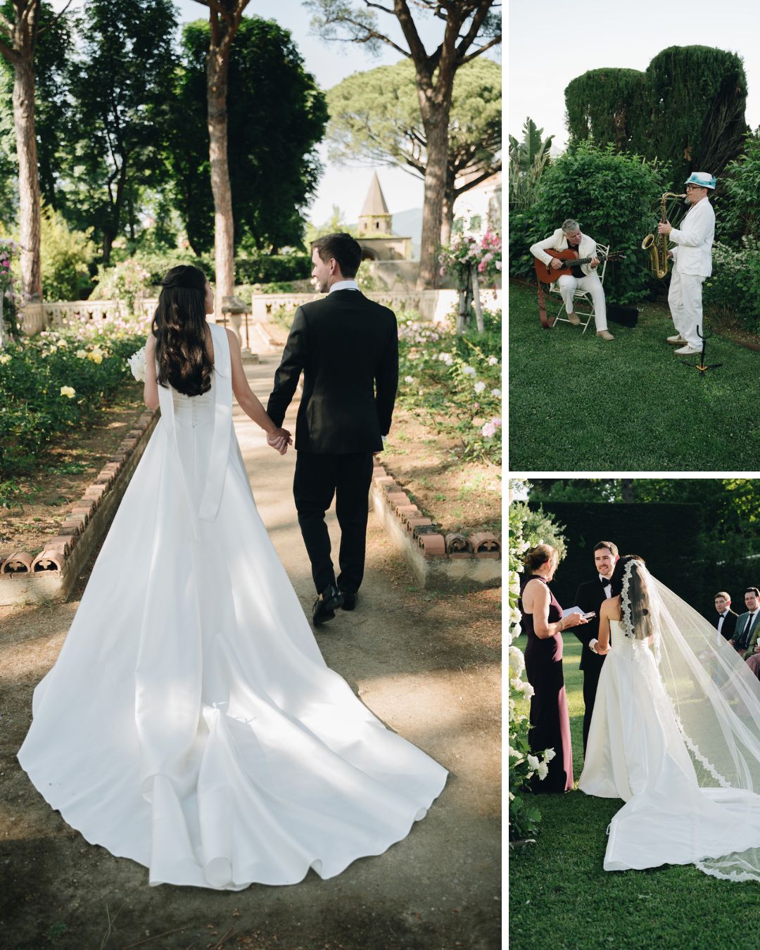 Bride and groom walk in a garden; a jazz trio plays music; a couple stands with an officiant during an outdoor wedding ceremony.
