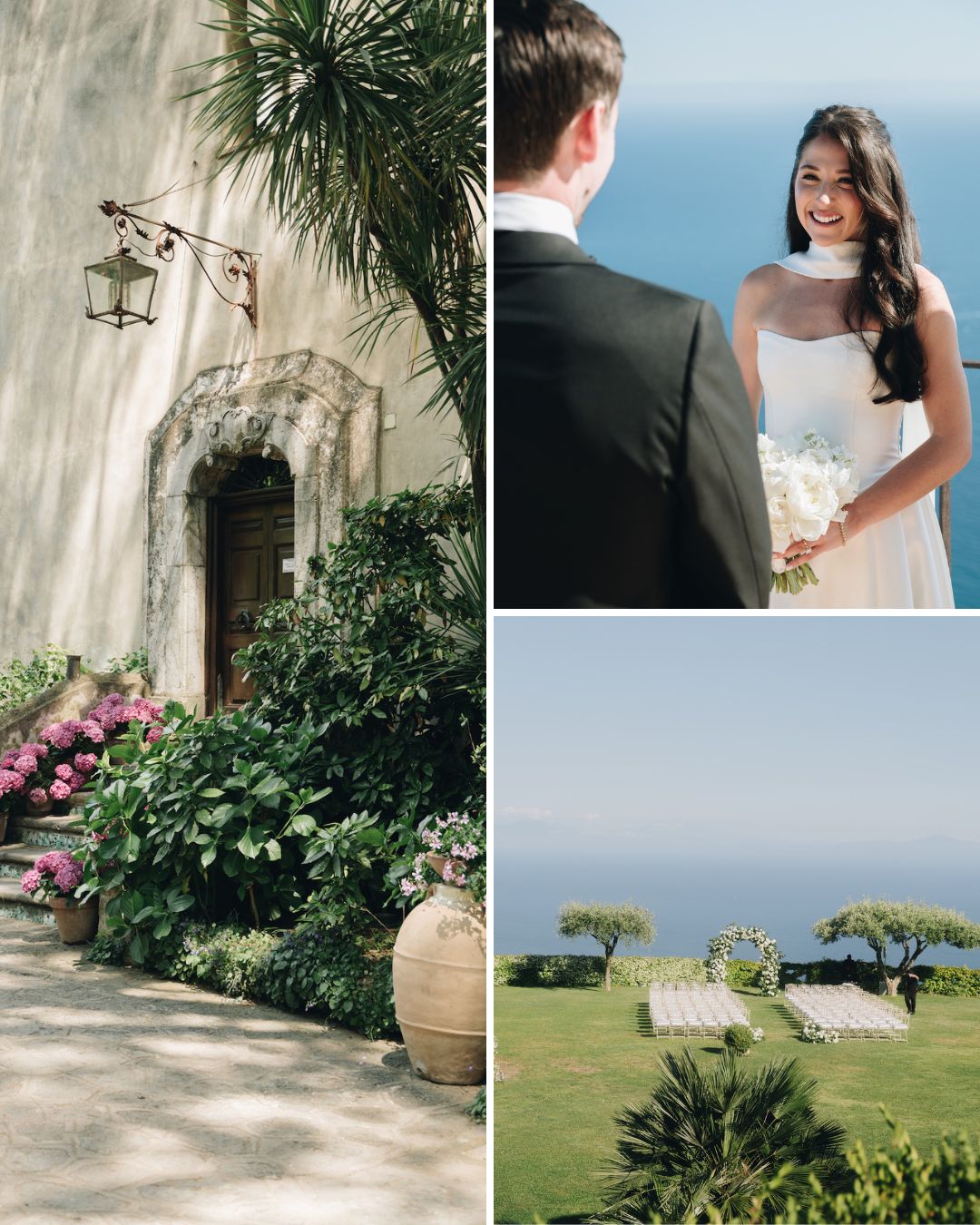 A collage shows a historic building with lush greenery, a bride and groom facing each other, and an outdoor ceremony setup overlooking the sea.