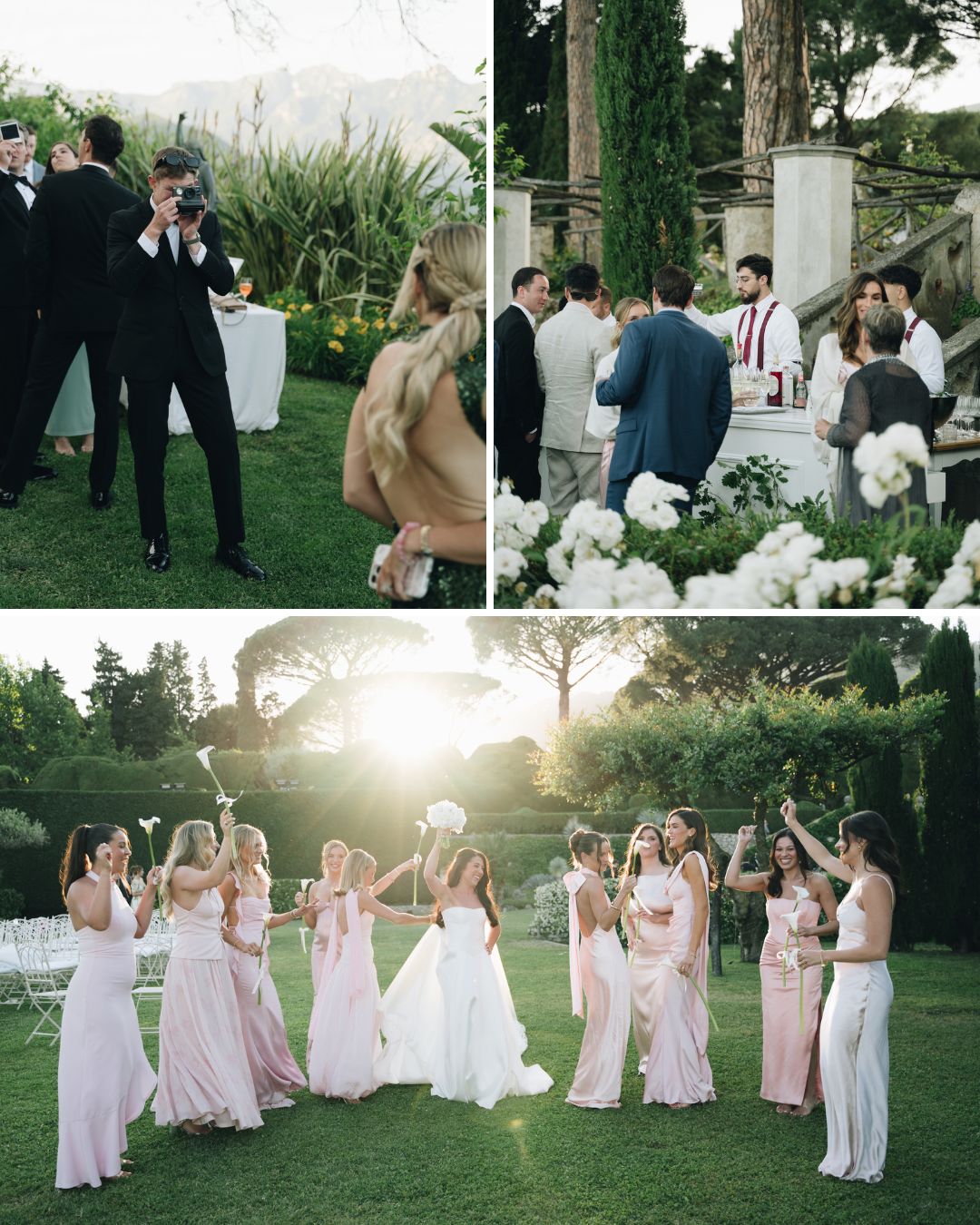 A wedding outdoor reception shows guests mingling, men in suits at a bar, and bridesmaids in pink dresses dancing with the bride on a lawn at sunset.