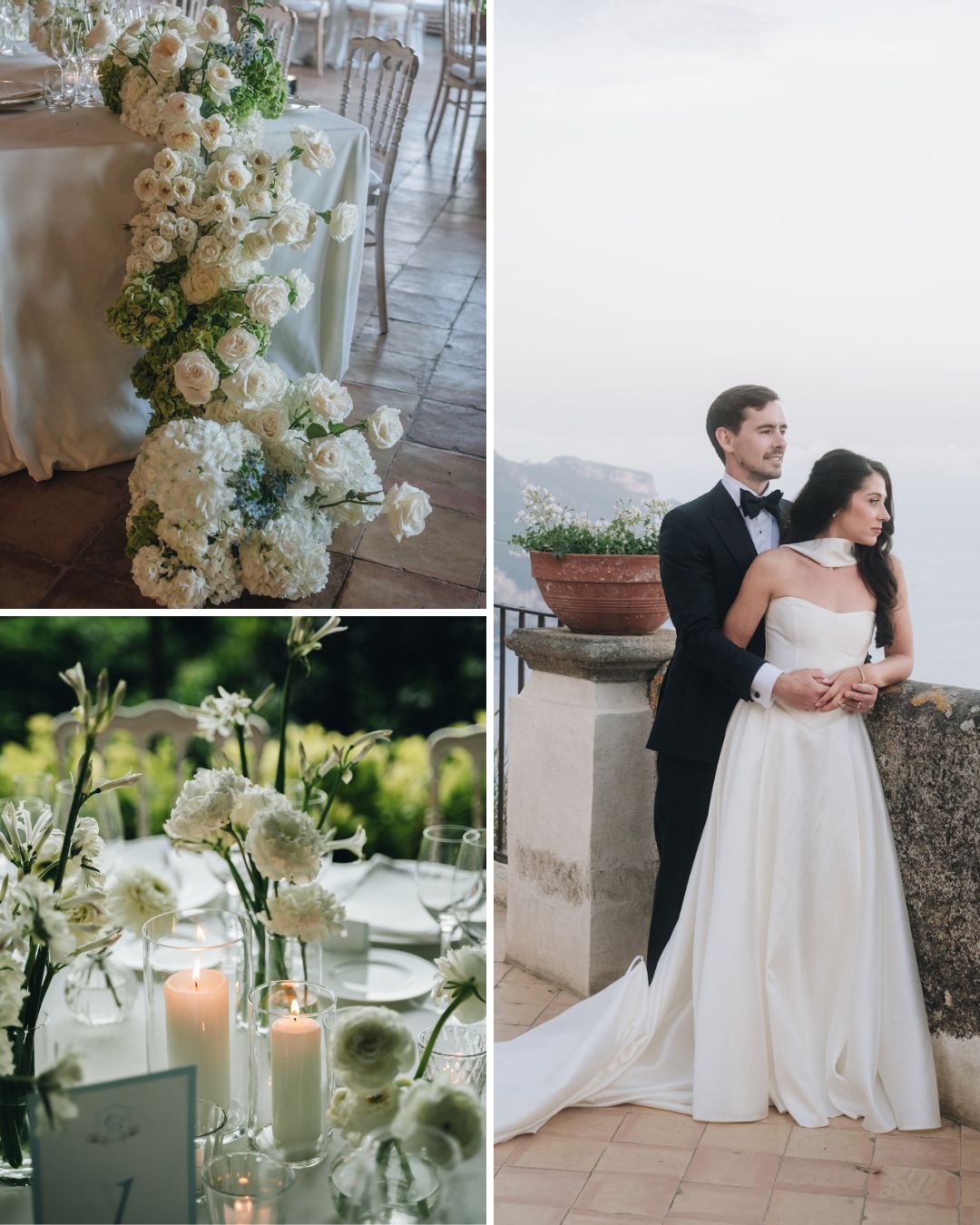Collage of wedding scenes: white floral table arrangements, candles, and a bride and groom standing together outdoors in formal attire.