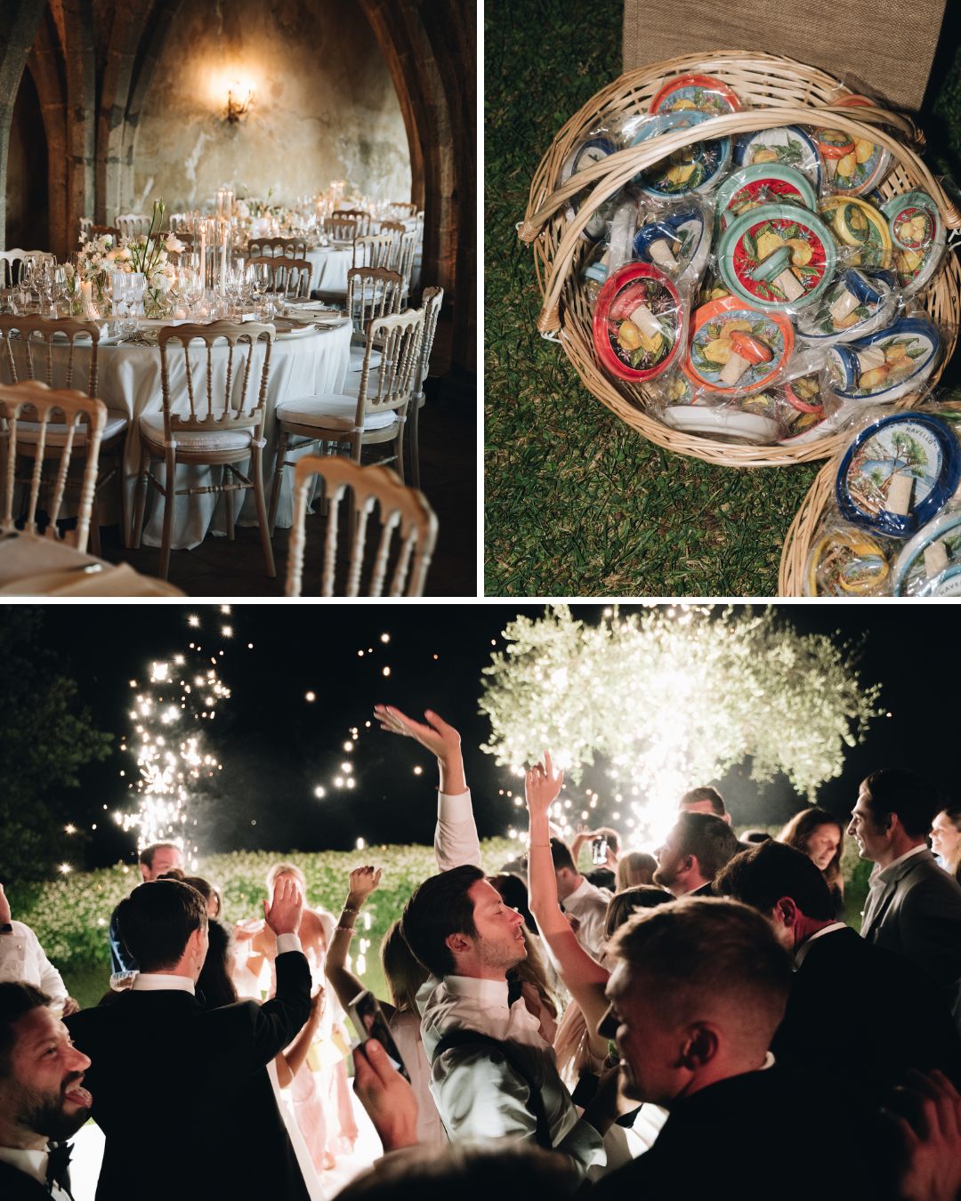 A formal dining setup, baskets of assorted ribbons and hats, and a group of people celebrating outdoors with sparklers at night.