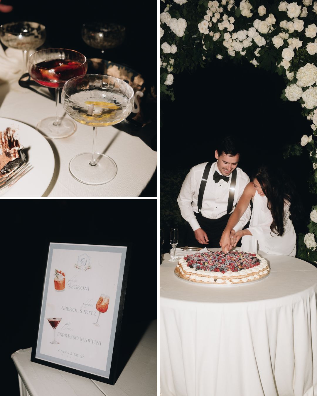 Three images: cocktails on a table, a framed drink menu, and a couple cutting a large dessert under a floral arch at an event.