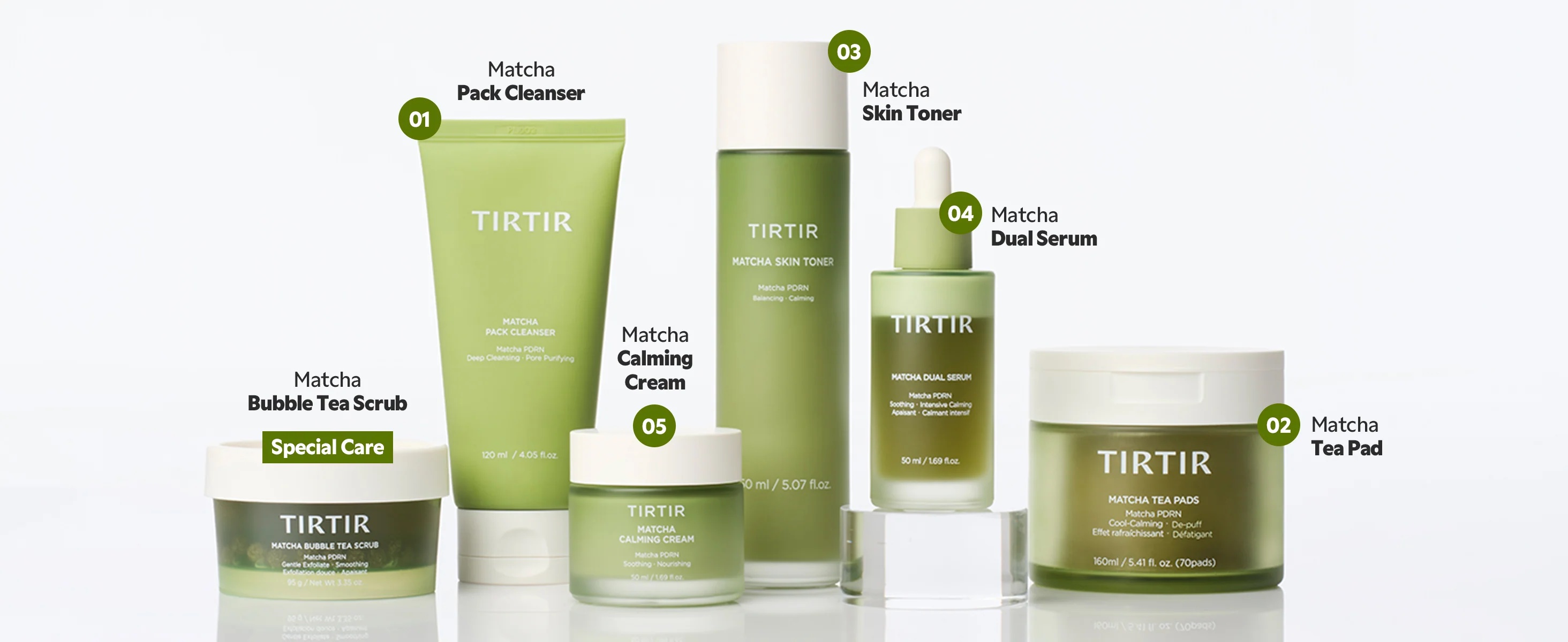 A lineup of TIRTIR green skincare products, including cleansers, creams, serums, a toner, tea pads, and a scrub, all labeled with their names and functions.