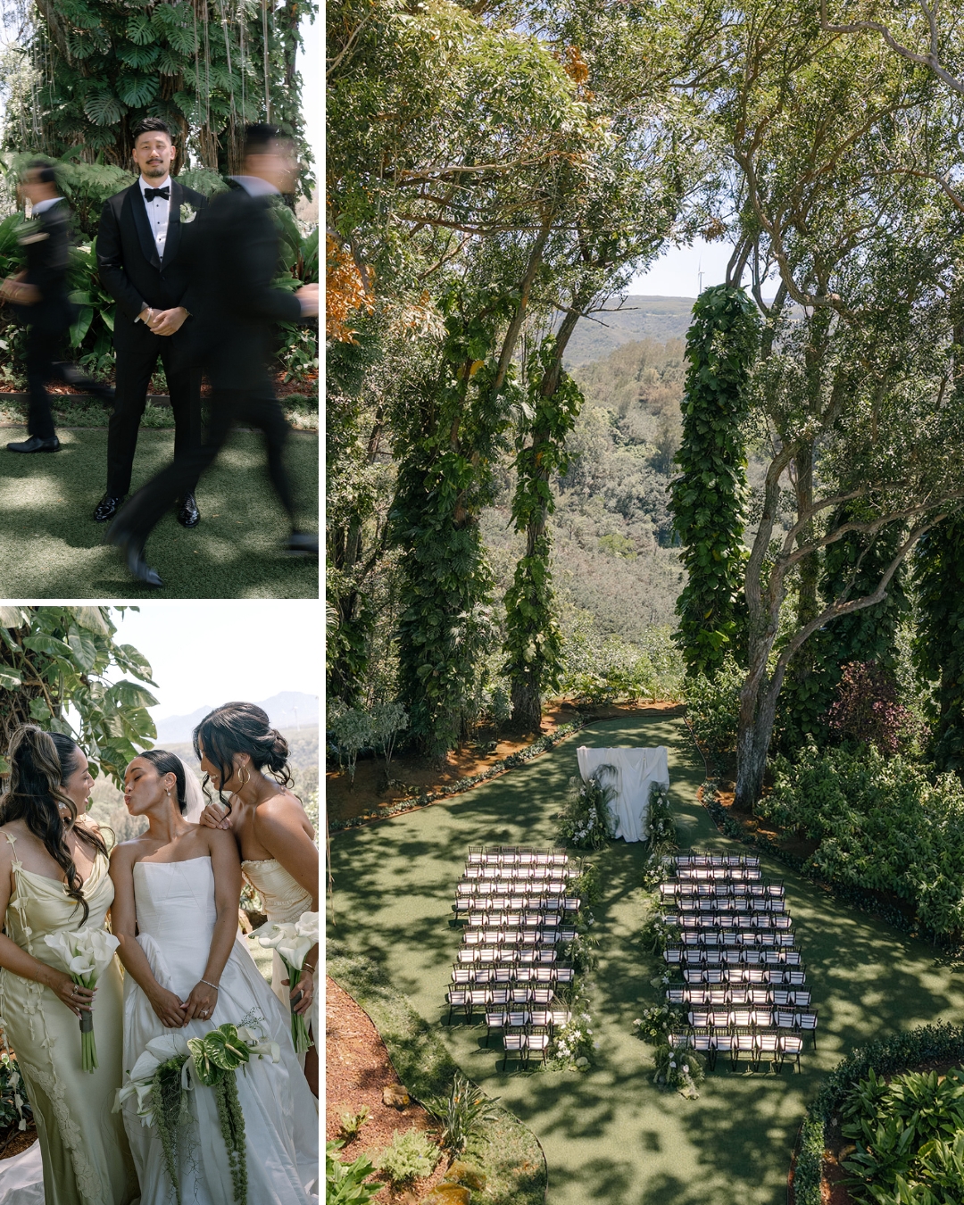 Three-panel image: groomsmen walk outdoors, bridesmaids talk with the bride, and an overhead view shows an empty, decorated outdoor wedding ceremony space surrounded by tall trees.