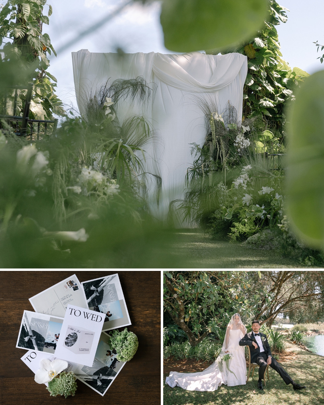 Outdoor wedding setup with white draped backdrop and greenery, flat lay of wedding invitations, and a bride and groom sitting on a bench under trees.