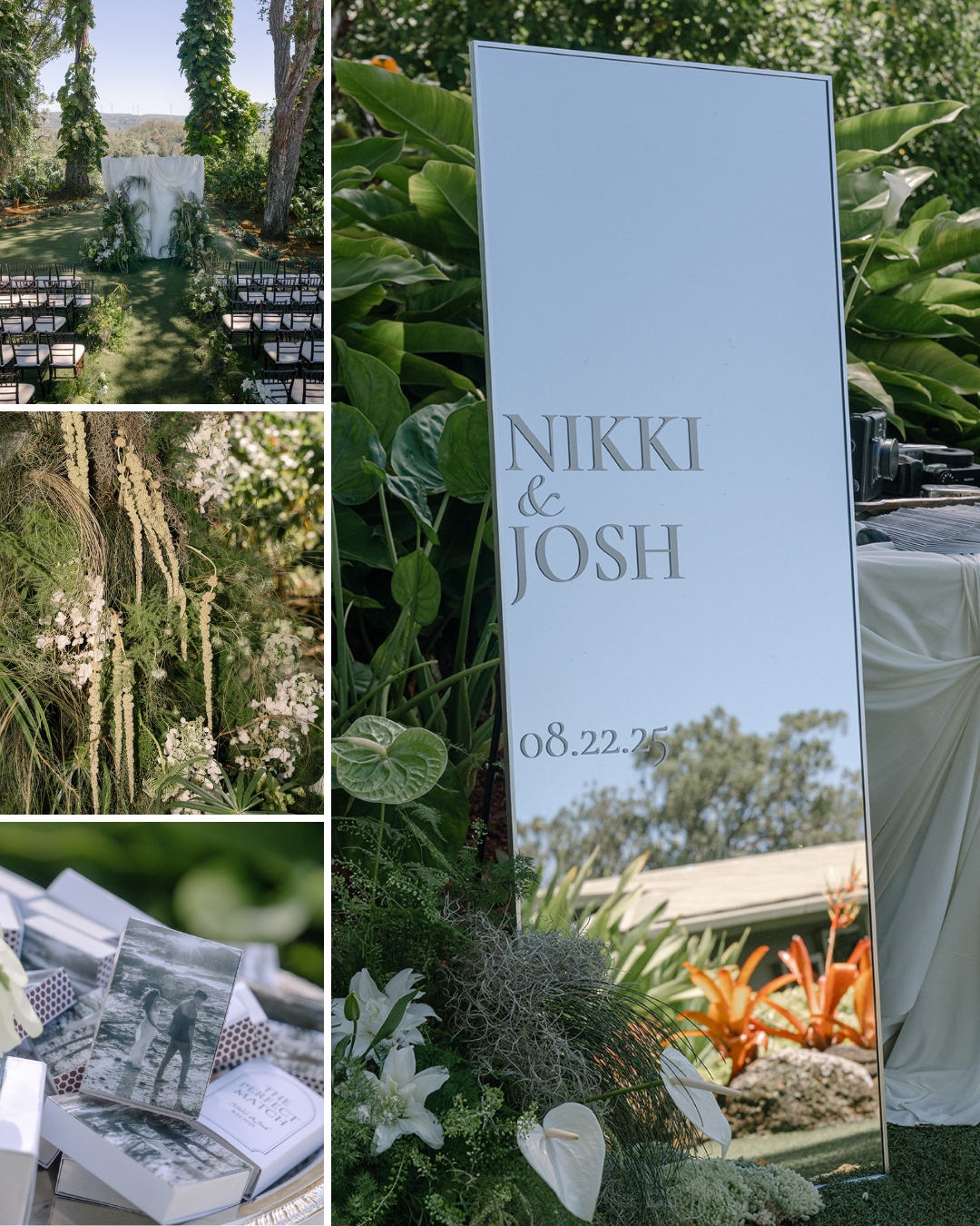 A wedding setup outdoors with a mirrored sign reading "Nikki &amp; Josh 08.22," surrounded by greenery, ceremony chairs, plants, and stacks of cards or favors.
