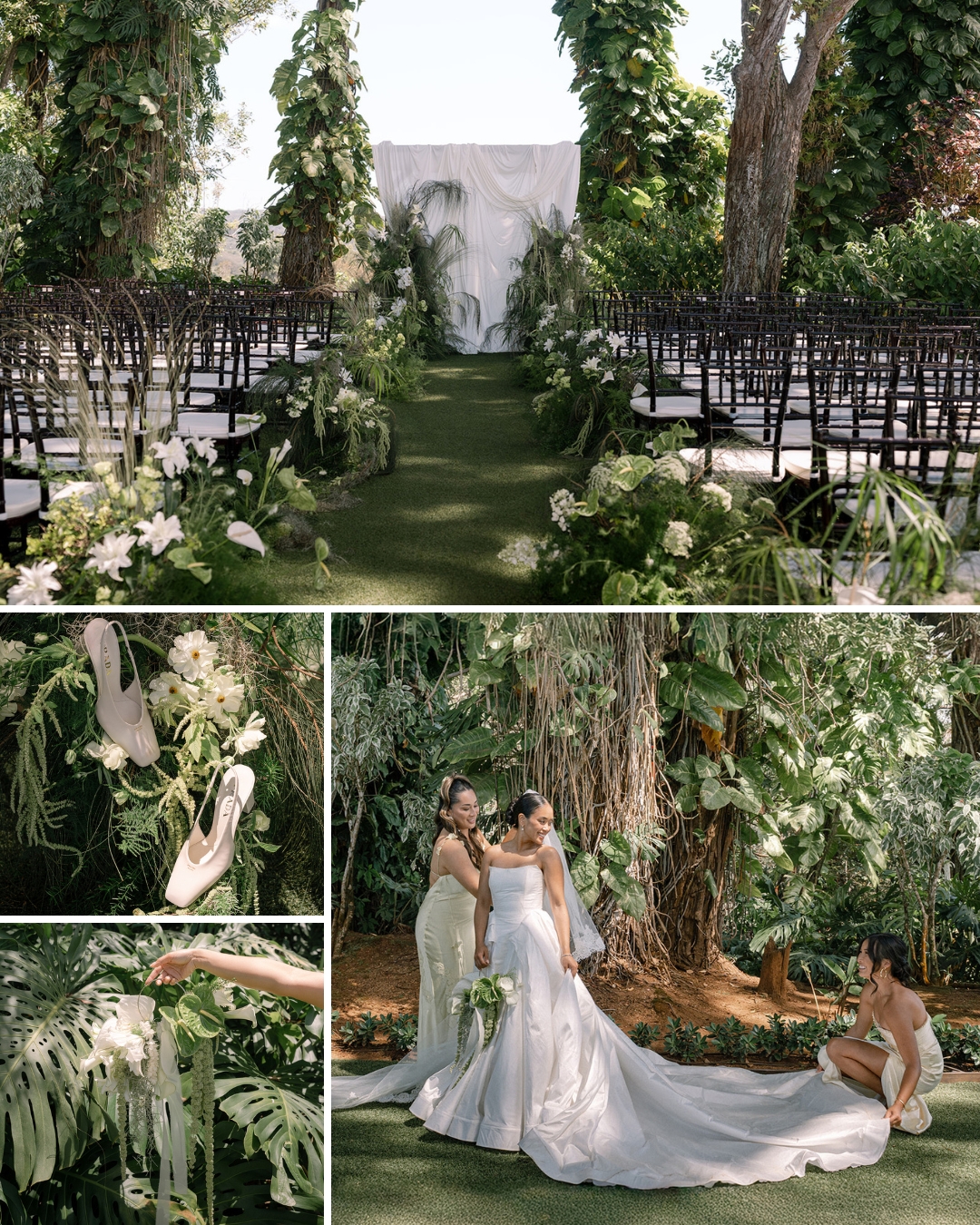 Outdoor wedding setup with greenery, empty chairs in rows, a bride in a white gown with bridesmaids, white shoes, and close-up floral decorations in a lush garden setting.