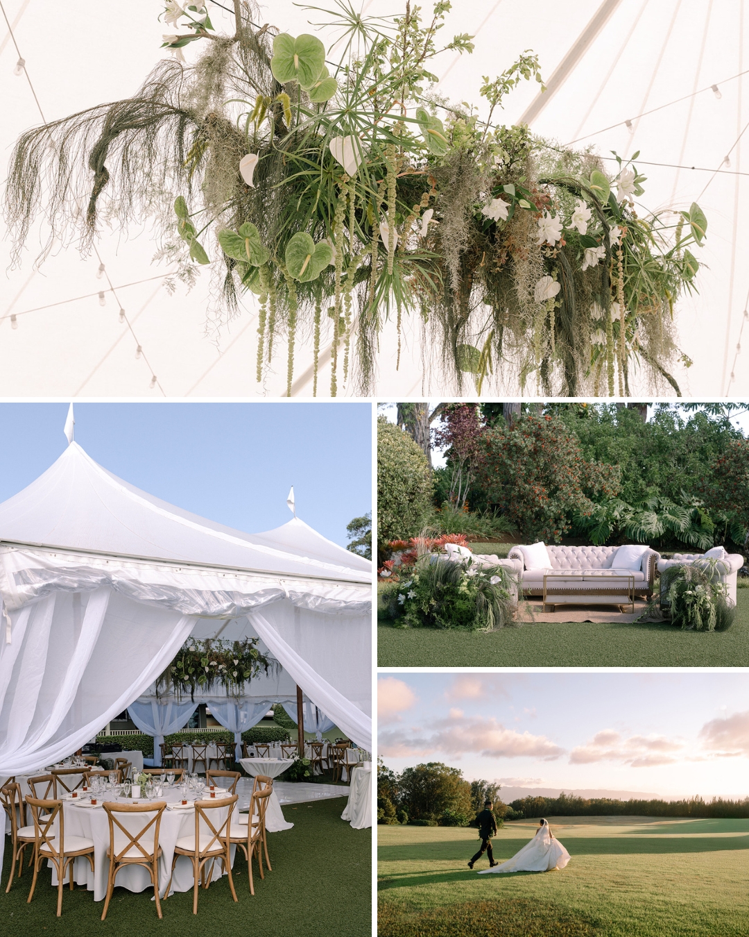 Four images show a wedding setup: a floral ceiling arrangement, a white tent with tables, an outdoor lounge with greenery, and a couple walking on grass at sunset.