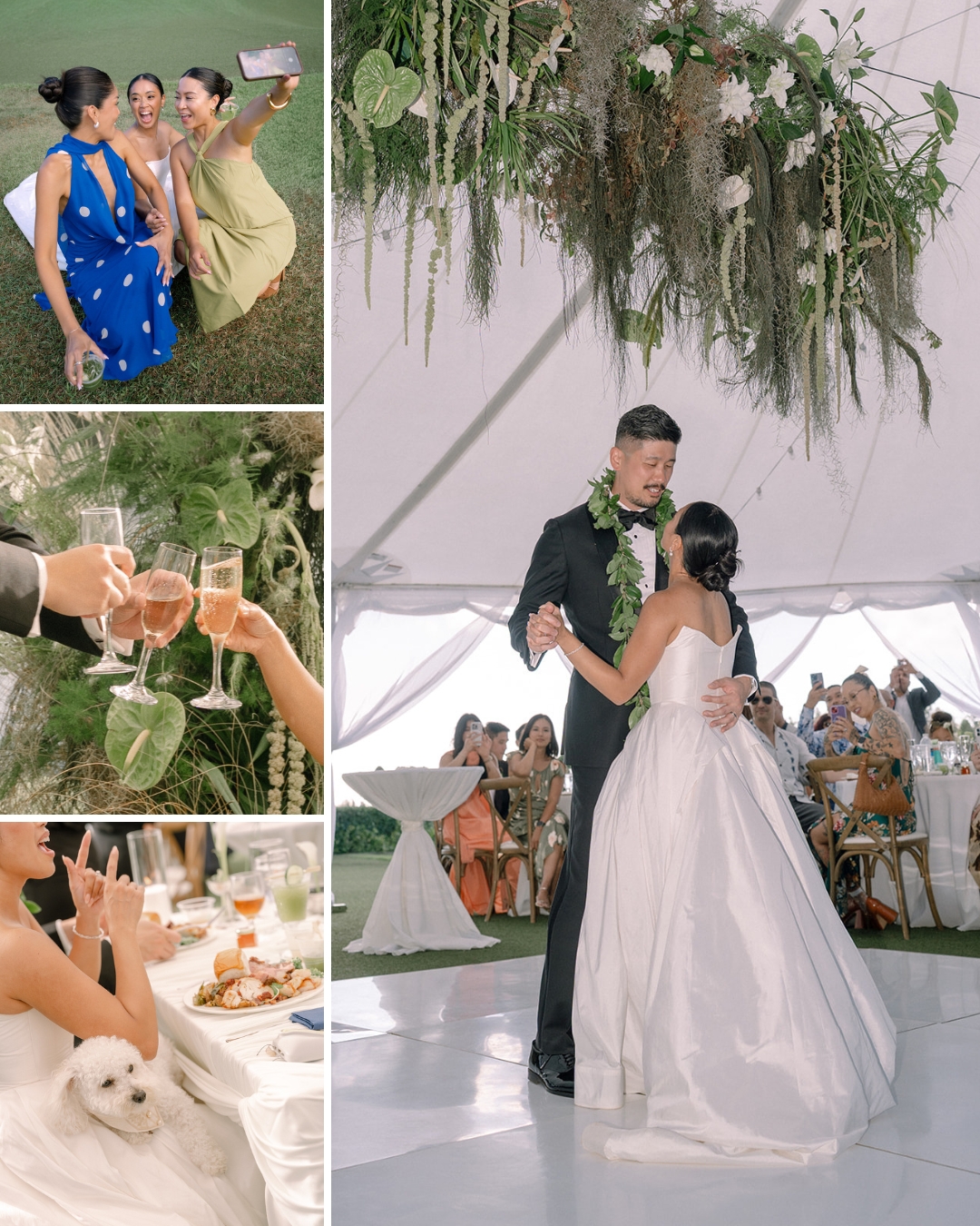 Collage of wedding scenes: guests take selfies, toast with champagne, bride and groom dance under floral decor, bride sits with a small white dog, and guests dine at decorated tables.
