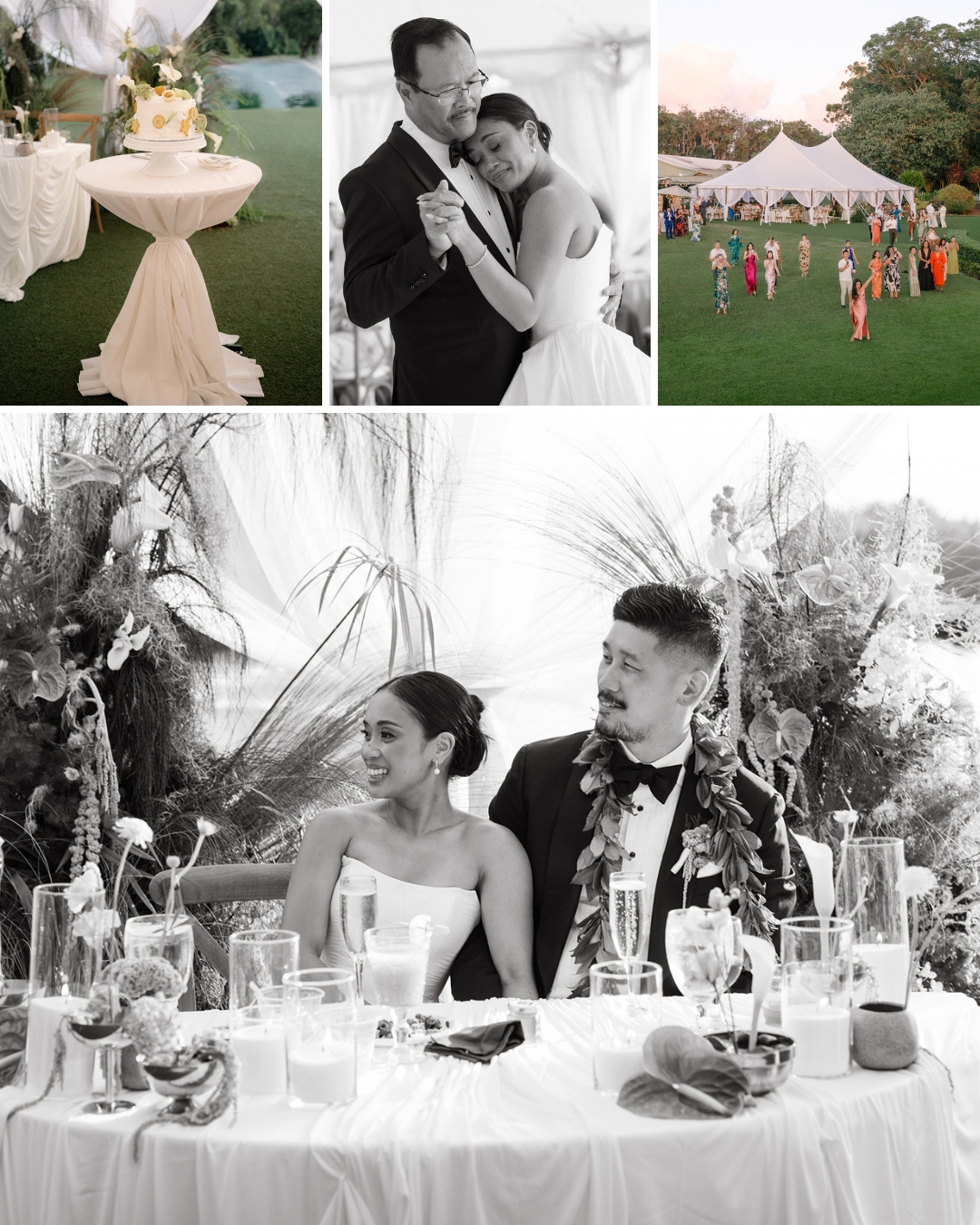 A wedding reception with a bride and groom, table settings, guests gathered on a lawn, and the couple sharing a dance and sitting together at the head table.