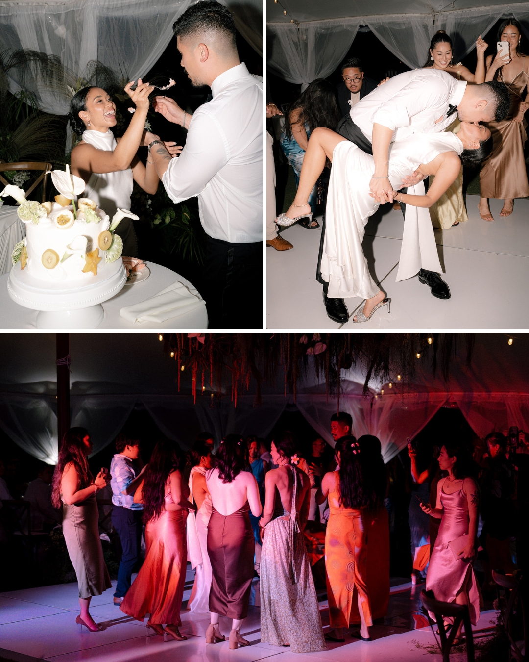 A bride and groom cut cake, the groom carries the bride, and guests dance together at a wedding reception.
