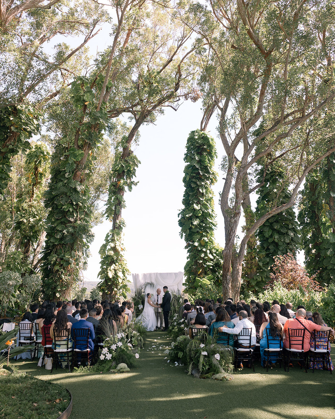 Outdoor wedding ceremony with guests seated on either side of a grassy aisle, surrounded by tall trees and greenery, as a couple stands at the altar with officiant.