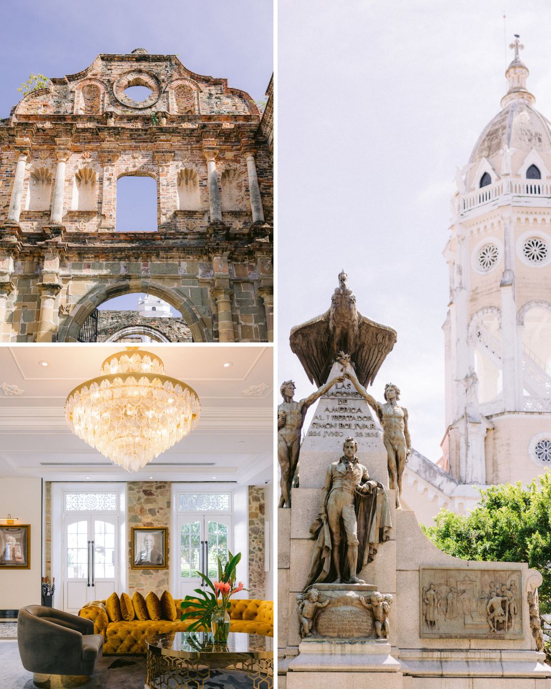 Collage of four images: old stone church facade, white cathedral tower, grand chandelier in a modern interior, and a historical monument with statues.