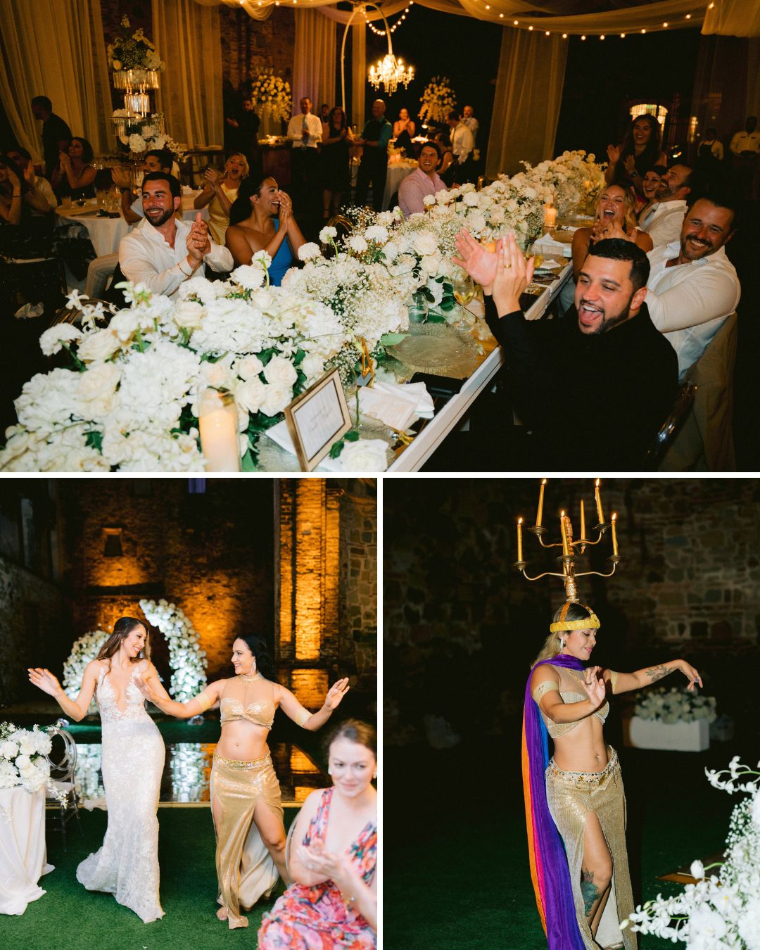 A wedding reception with guests clapping at a long table, and scenes of women, including a belly dancer, performing on a dance floor.