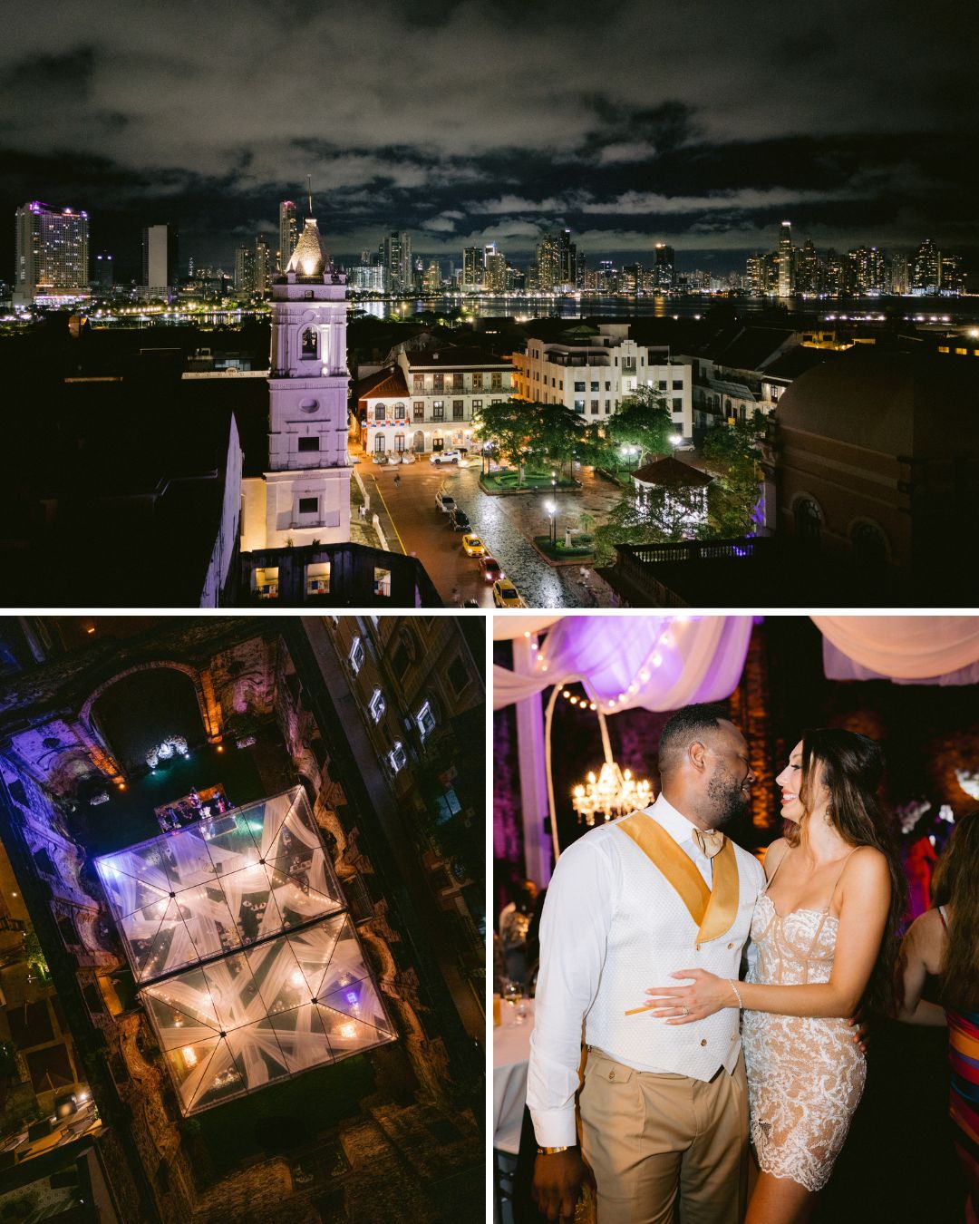 A nighttime cityscape, an aerial view of a lit-up outdoor event, and a well-dressed couple smiling and embracing at an indoor celebration.