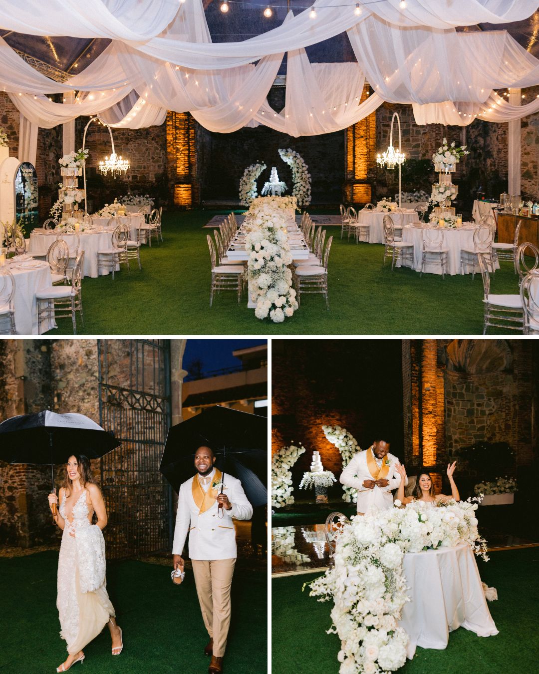 A wedding reception with white floral decorations and draped fabric ceiling; newlyweds walk with umbrellas and later sit at a flower-adorned table.