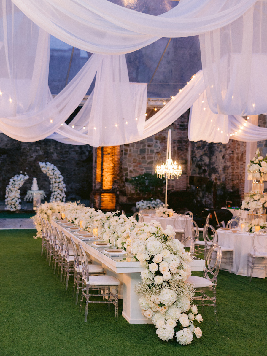 Outdoor wedding reception setup with long white tables, clear chairs, white floral arrangements, draped fabric, string lights, and a chandelier on green grass.