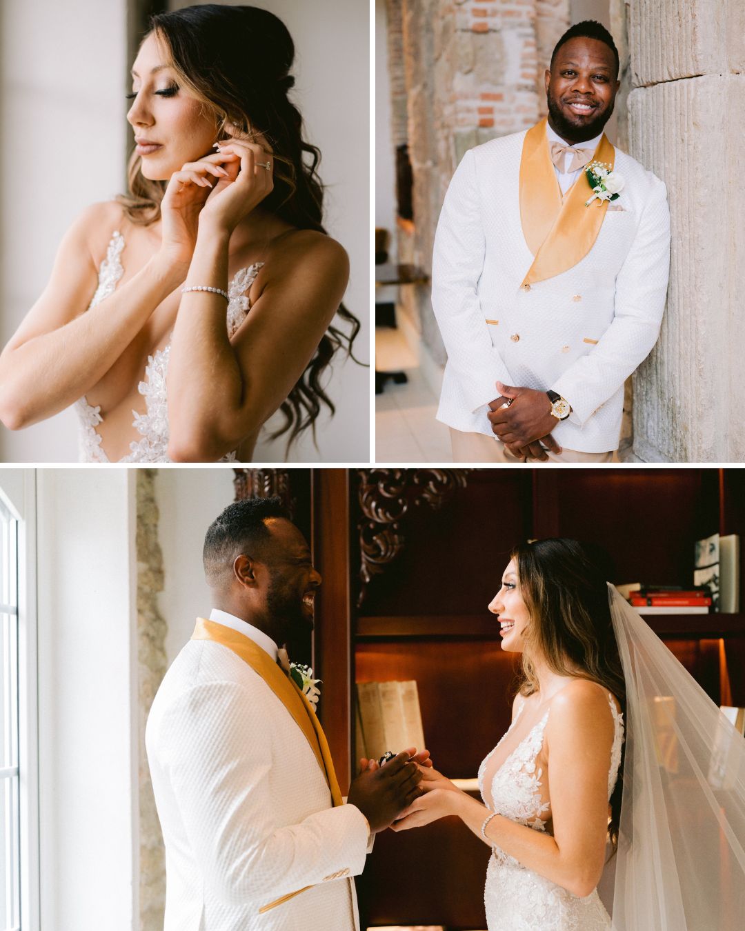 A bride and groom in white wedding attire pose separately and together indoors, smiling and exchanging a book during their wedding.