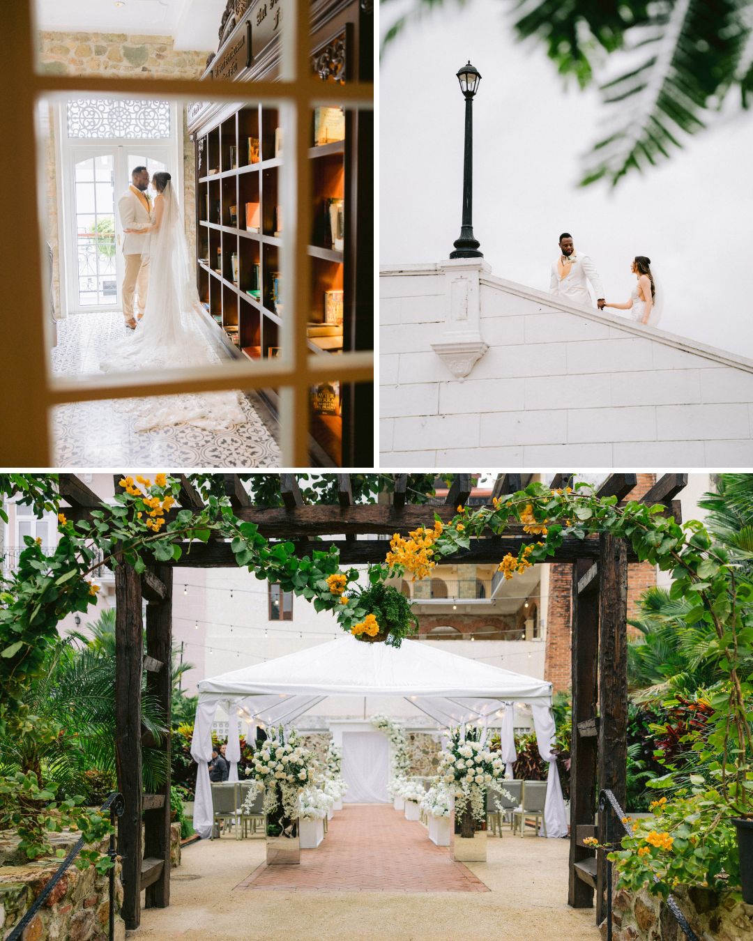 A collage of three wedding scenes: a couple indoors near bookshelves, a couple on a rooftop, and an outdoor wedding altar decorated with flowers under a pergola.
