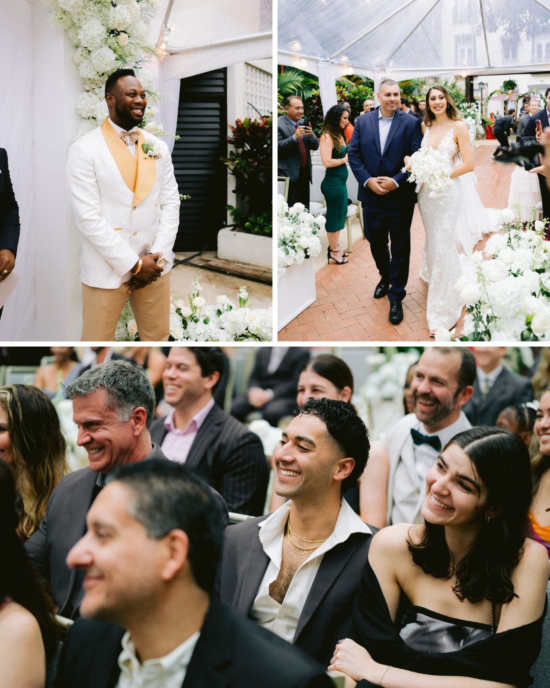 A groom stands at the altar, a bride walks down the aisle with an escort, and guests smile and watch during an indoor wedding ceremony.