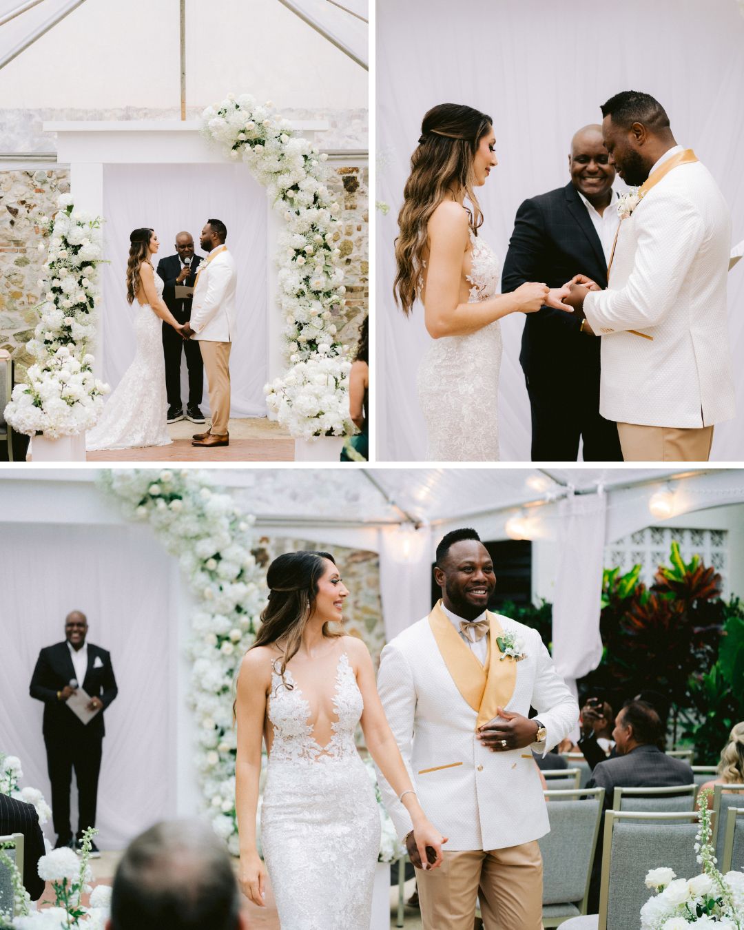 A bride and groom exchange vows, put on rings, and walk down the aisle together at an indoor wedding ceremony decorated with white flowers.