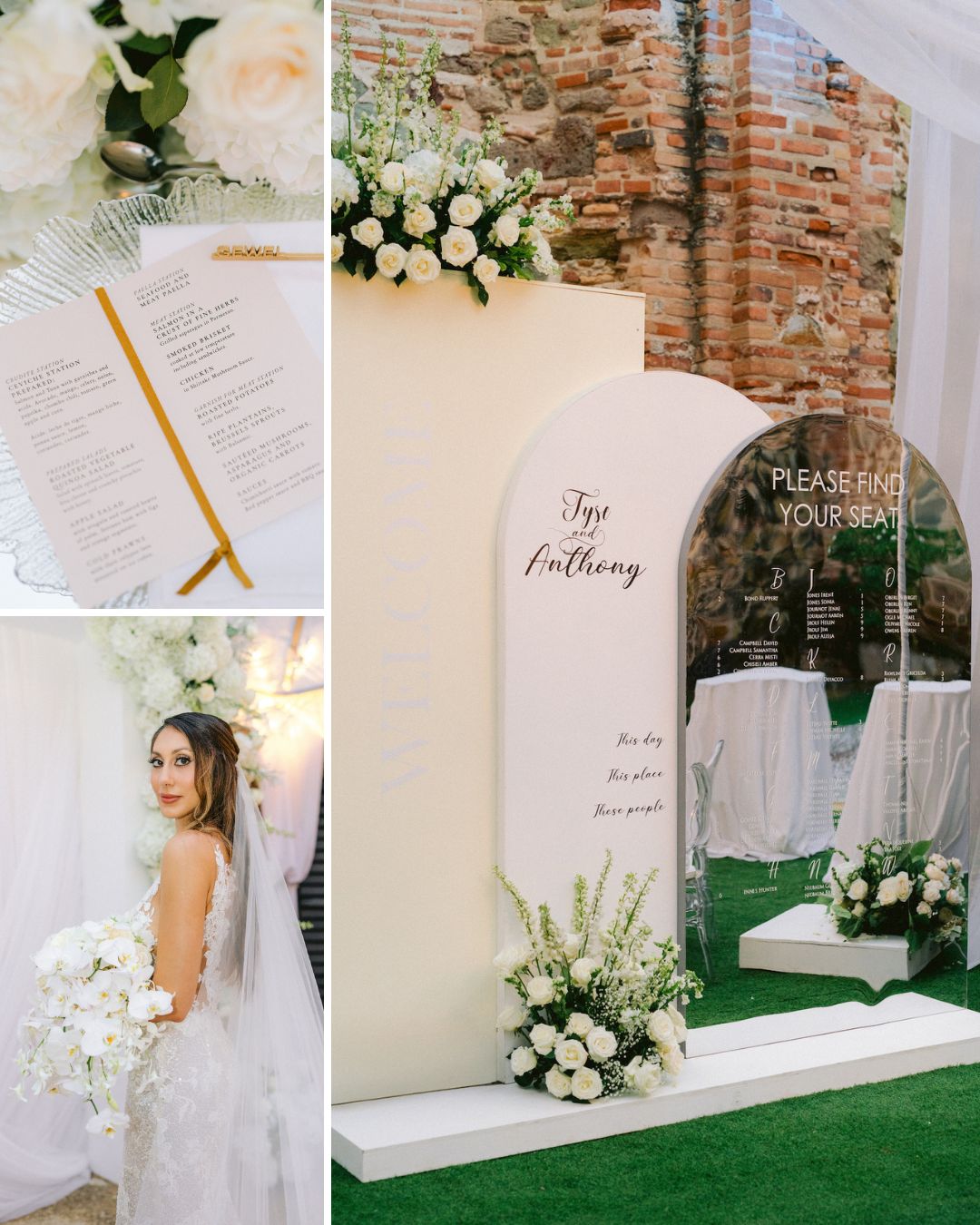 Collage showing a wedding invitation, a bride in a white dress holding a bouquet, and a decorative wedding sign with floral arrangements.
