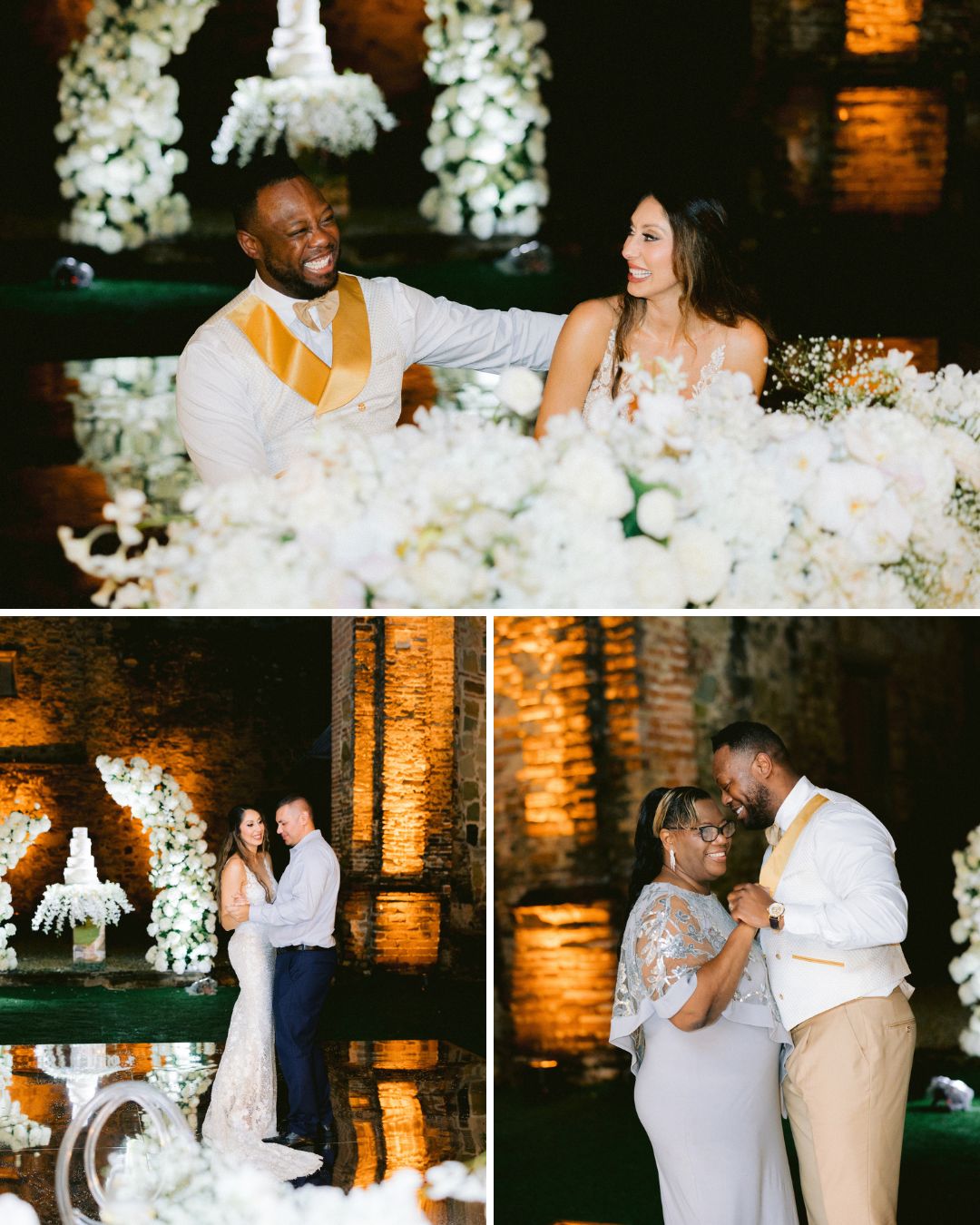 Three-photo collage of a wedding: couple seated at a flower-adorned table, couple dancing, and groom dancing with an older woman in a warmly lit venue.