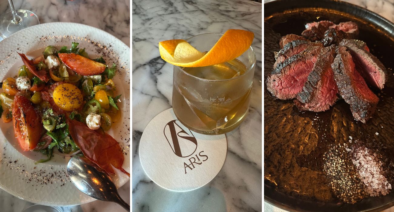 Three images: a salad with tomatoes and eggs, a cocktail with an orange peel garnish, and sliced rare steak with a side of salt on a dark plate.