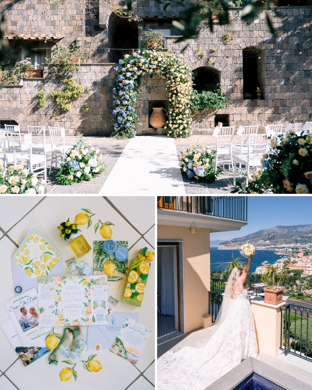 Outdoor wedding setup with floral arch, flat lay of yellow-themed stationery and flowers, and a bride in a white dress holding a bouquet on a balcony overlooking water and mountains.